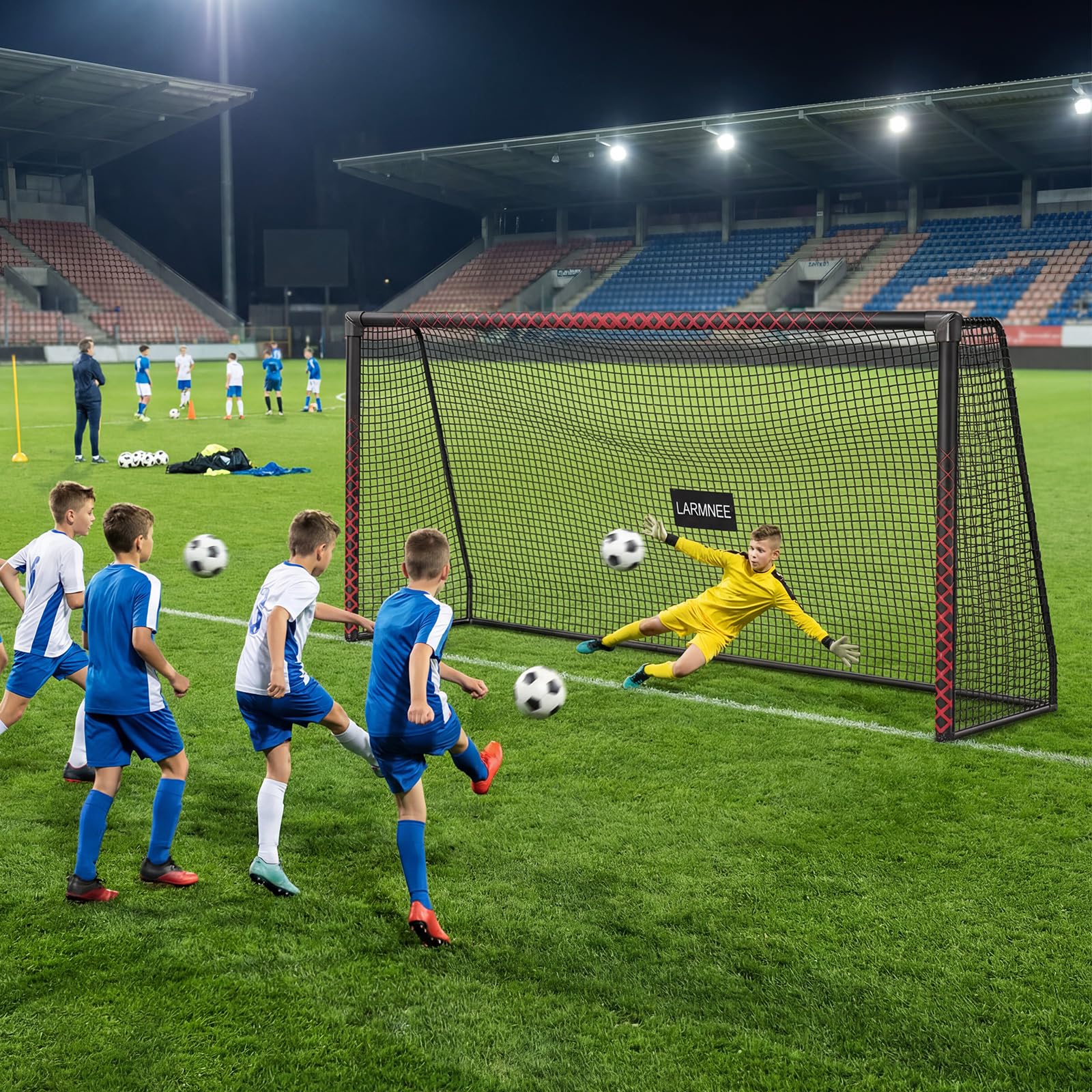 LARMNEE Portería de Fútbol Grande, Incluye Piquetas en U, con Protección de Espuma de Polietileno, para Exterior, Jardín y Campo de Juego