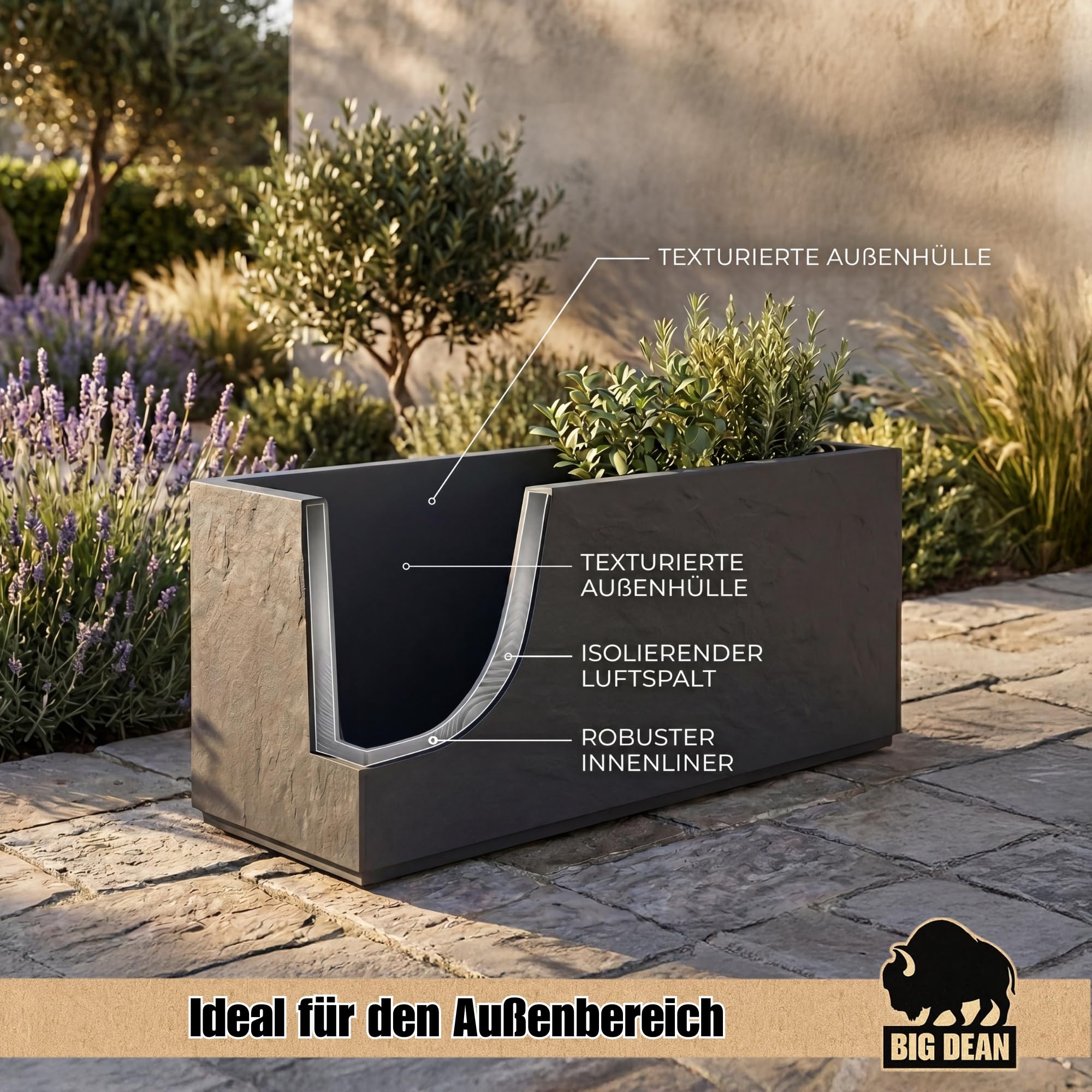BigDean Pflanzkübel Groß Außen ca. 100cm Schiefer Optik Blumentopf | mit Wasserspeicher Winterfest Doppelwandig Rechteckig