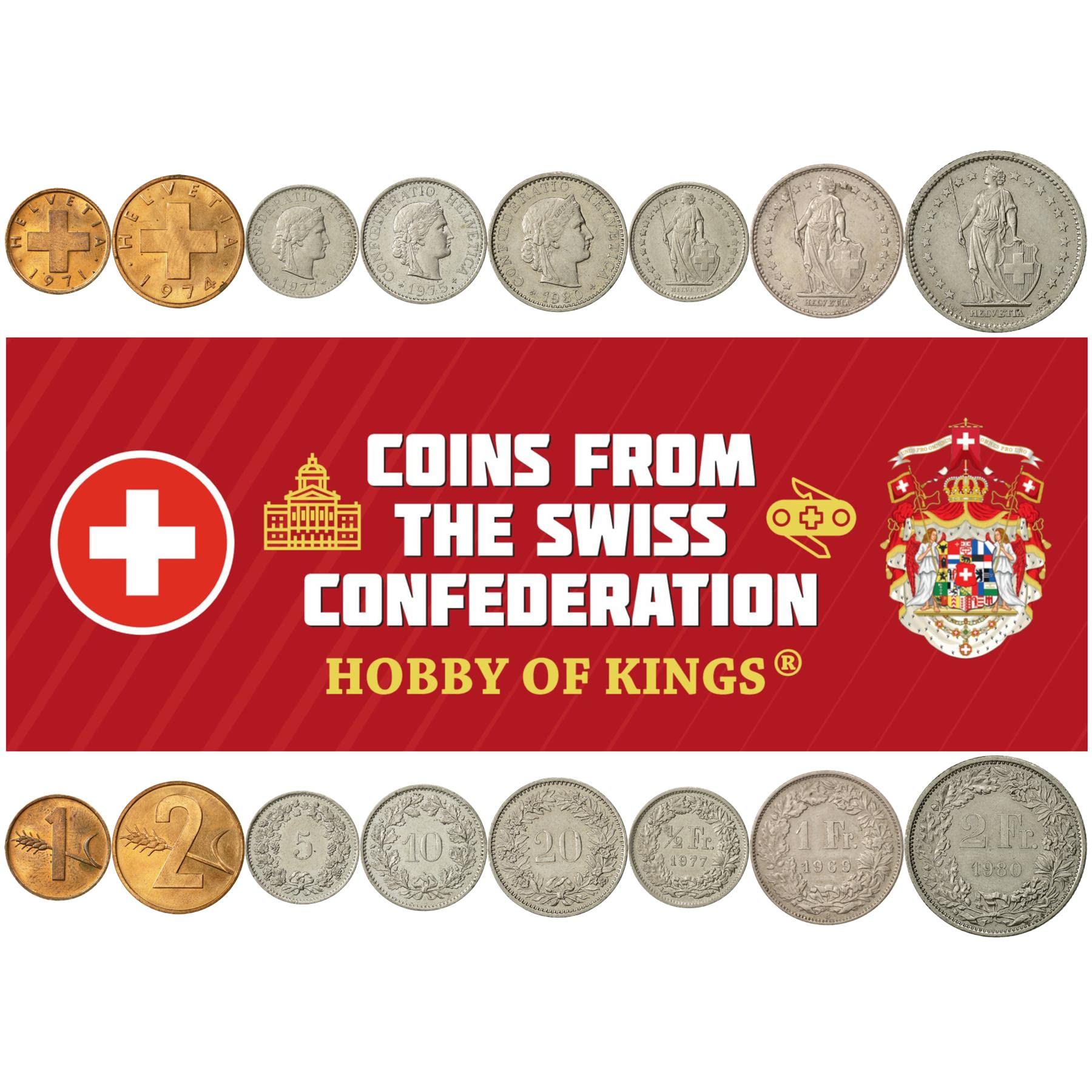 8 monedas de Suiza | Colección de monedas suizas 1 2 5 10 20 Rappen 1/2 1 2 Francos | Circuladas 1968-1980 | Trigo | Libertas | Helvetia
