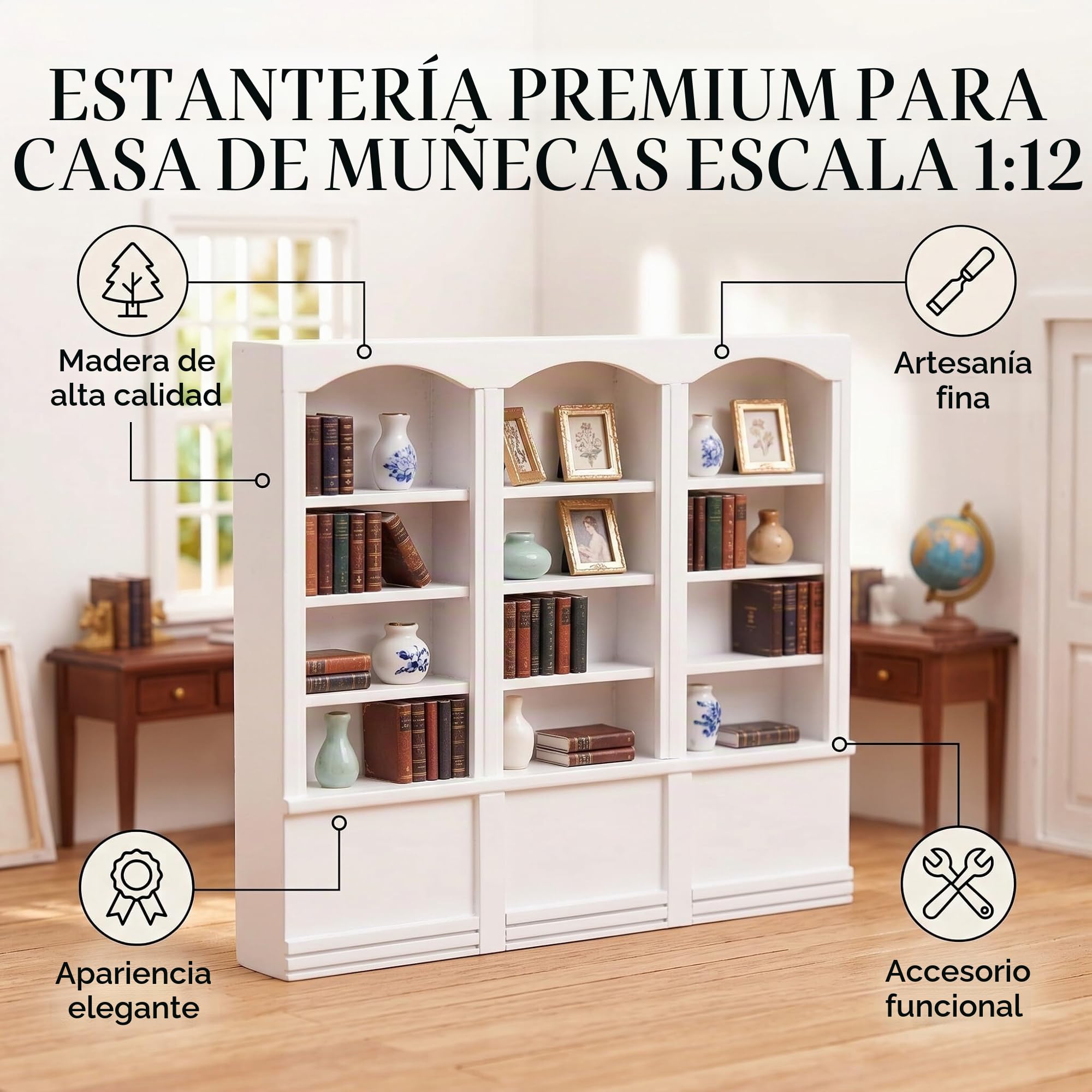 Vitrina de casa de muñecas, Muebles en Miniatura de simulación 1:12, estantería Triple de Madera, Modelo de Juguete para Sala de Estar, Accesorios de decoración de casa de muñecas (Blanco)