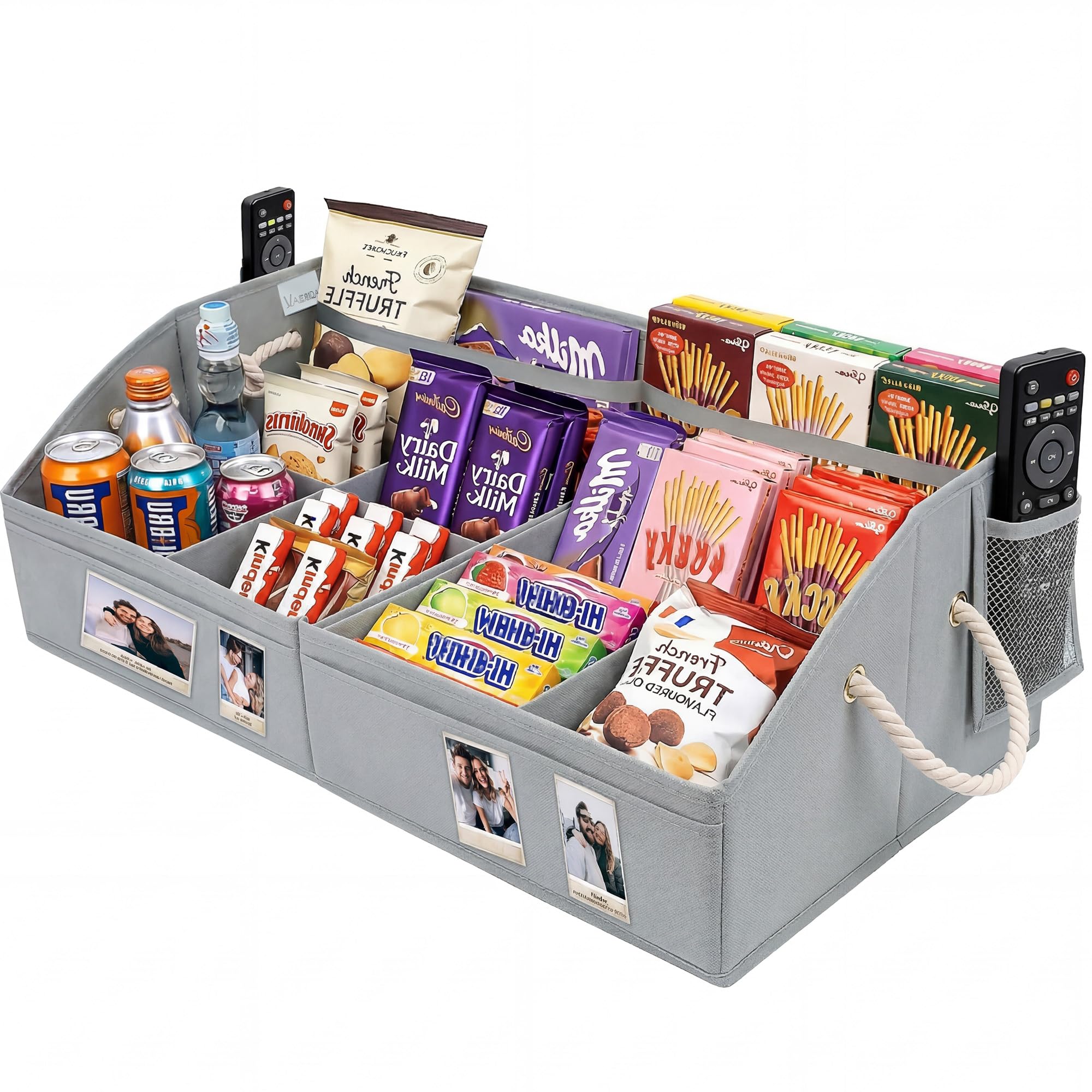 VAESIDA Large Snack Organiser for Worktop, Foldable Storage Basket with 8 Adjustable Compartments & Handles, 28'' Snack Container Box for Pantry, Snack Bar Station & Movie Night Supplies