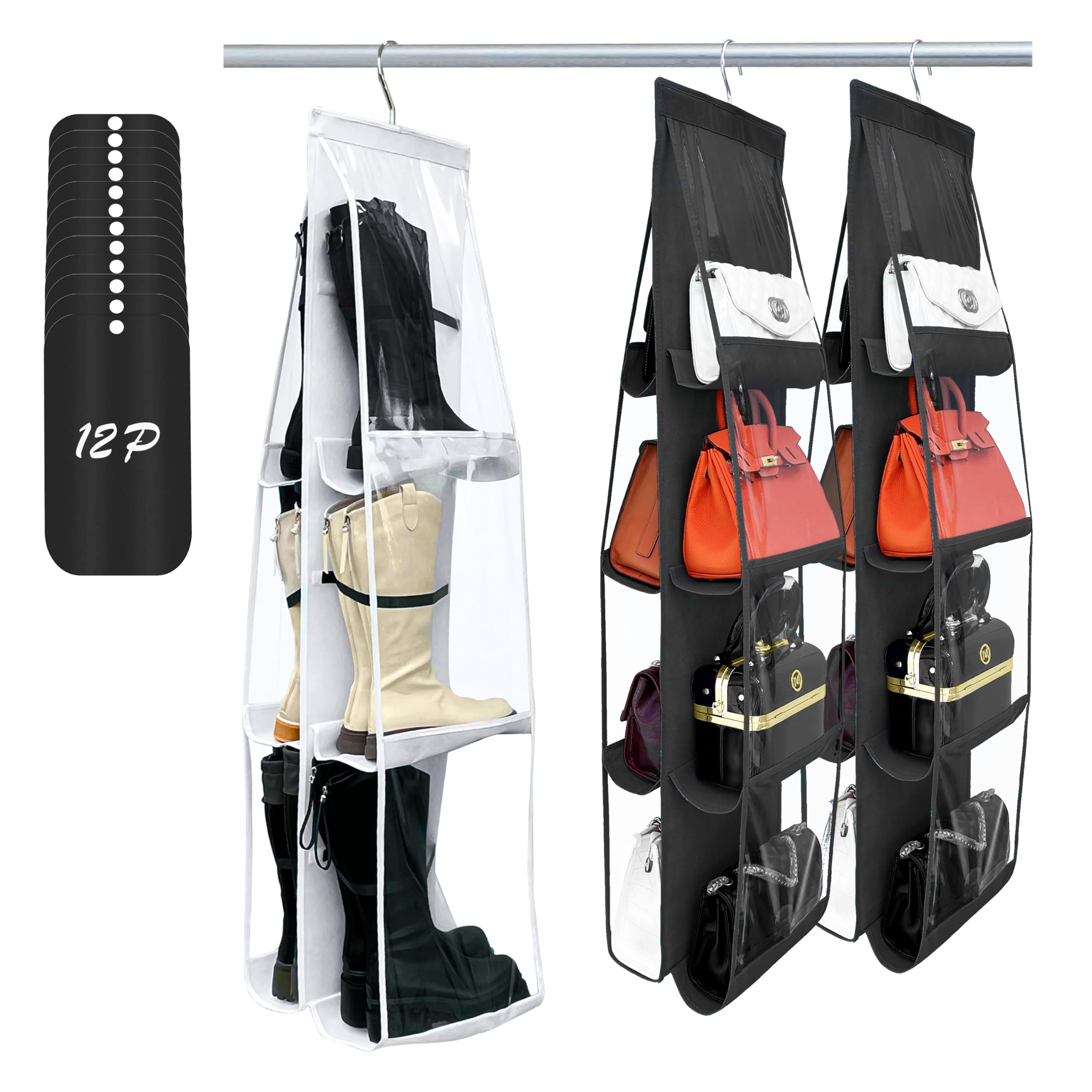 zebricolo 6 large pocket boots organizes-1 pack-white,with 12 PCS boot shaper holder, and 8 large pocket purse organizers-2 pack-black,Thicken Metal Hooks