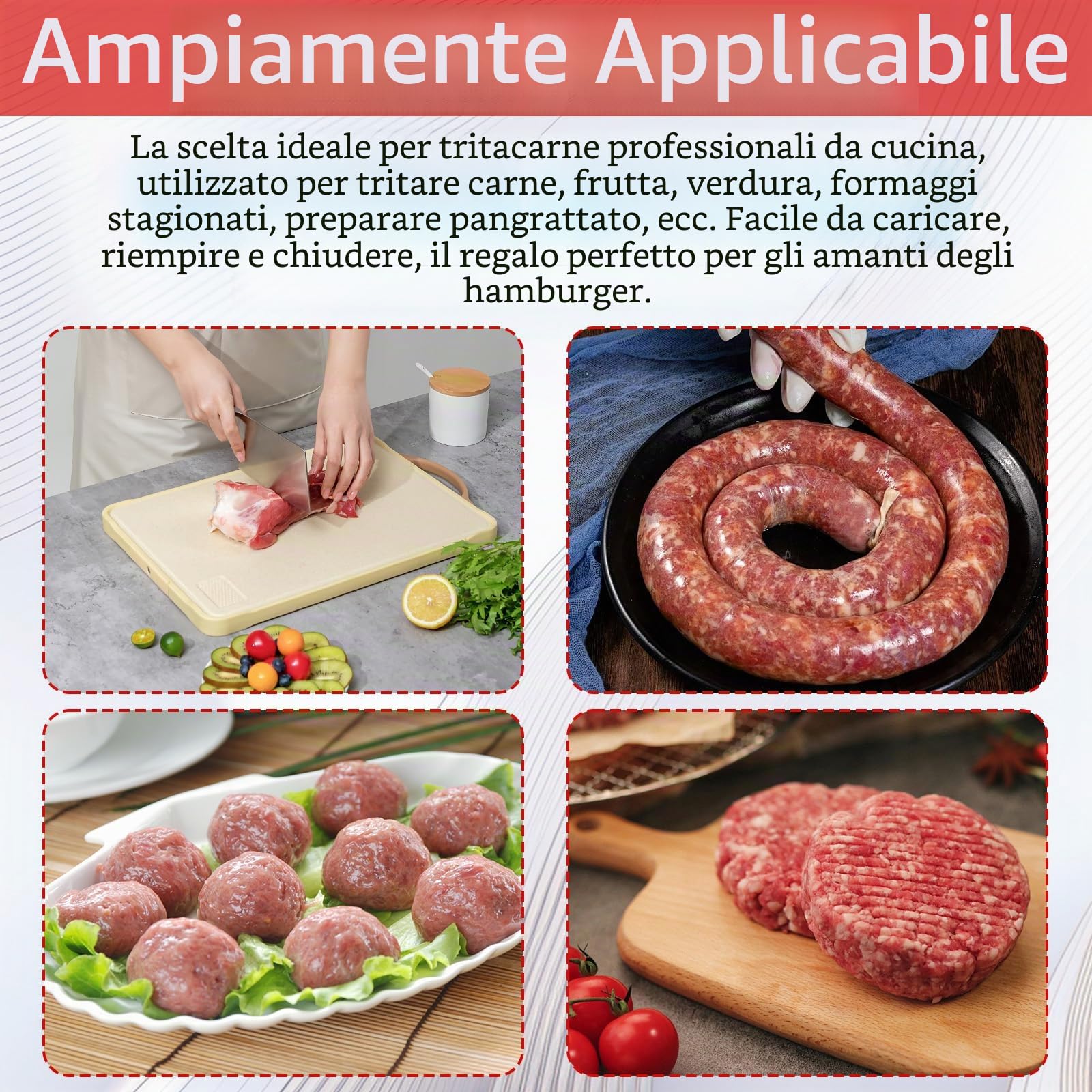 Accessorio Tritacarne, Accessori Kitchen Aid in Acciaio Inox con 4 Dischi di Macinazione 3 Tubi per Insaccati 3 Lame 1 Pestello e 1 Macchina per Hamburger per Tritare Carne Lavorare Frutta Verdura