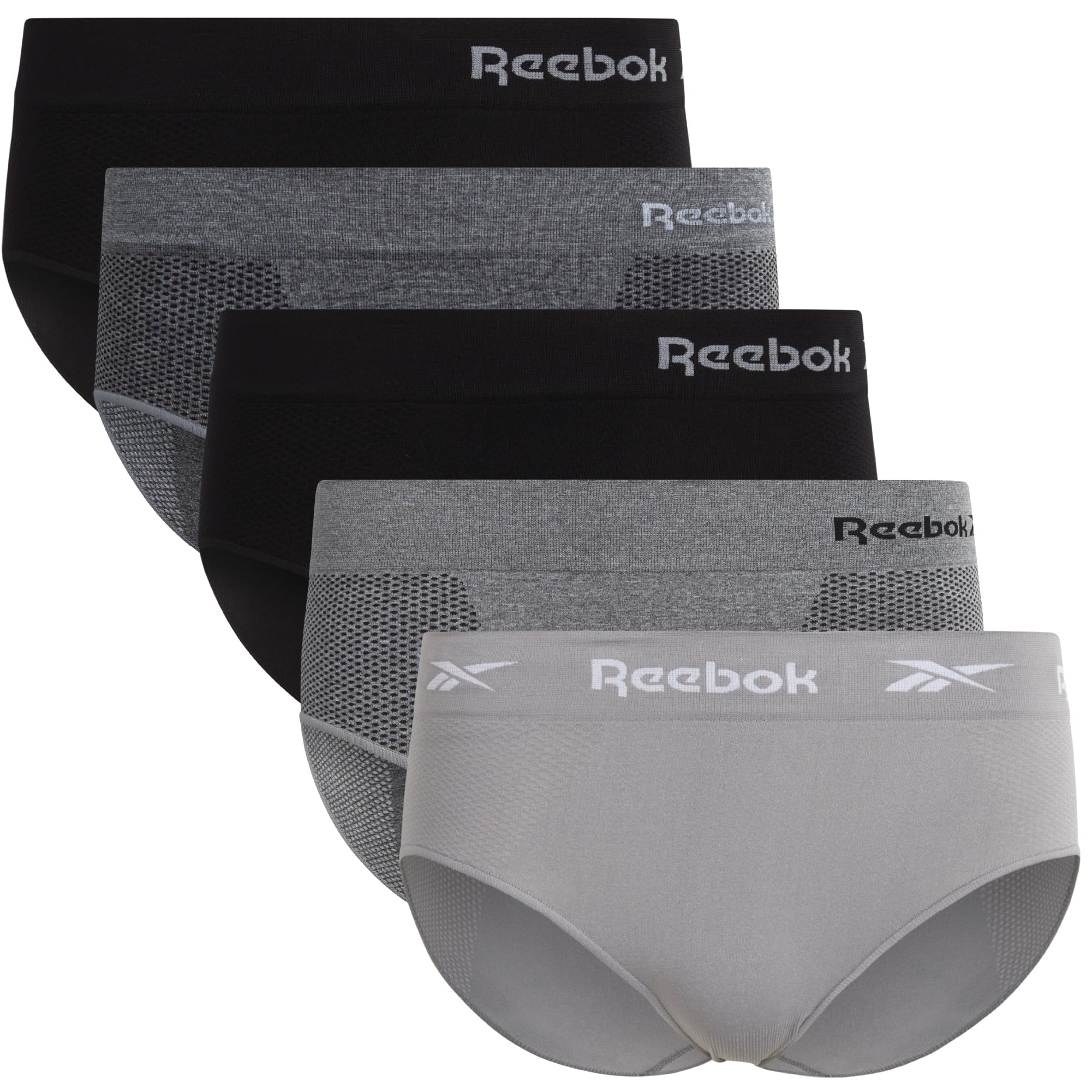 Reebok Hipster Panties for Women - 5 Pack Stretch Performance Seamless Underwear with Relaxed Tagless Waist (S-XL)