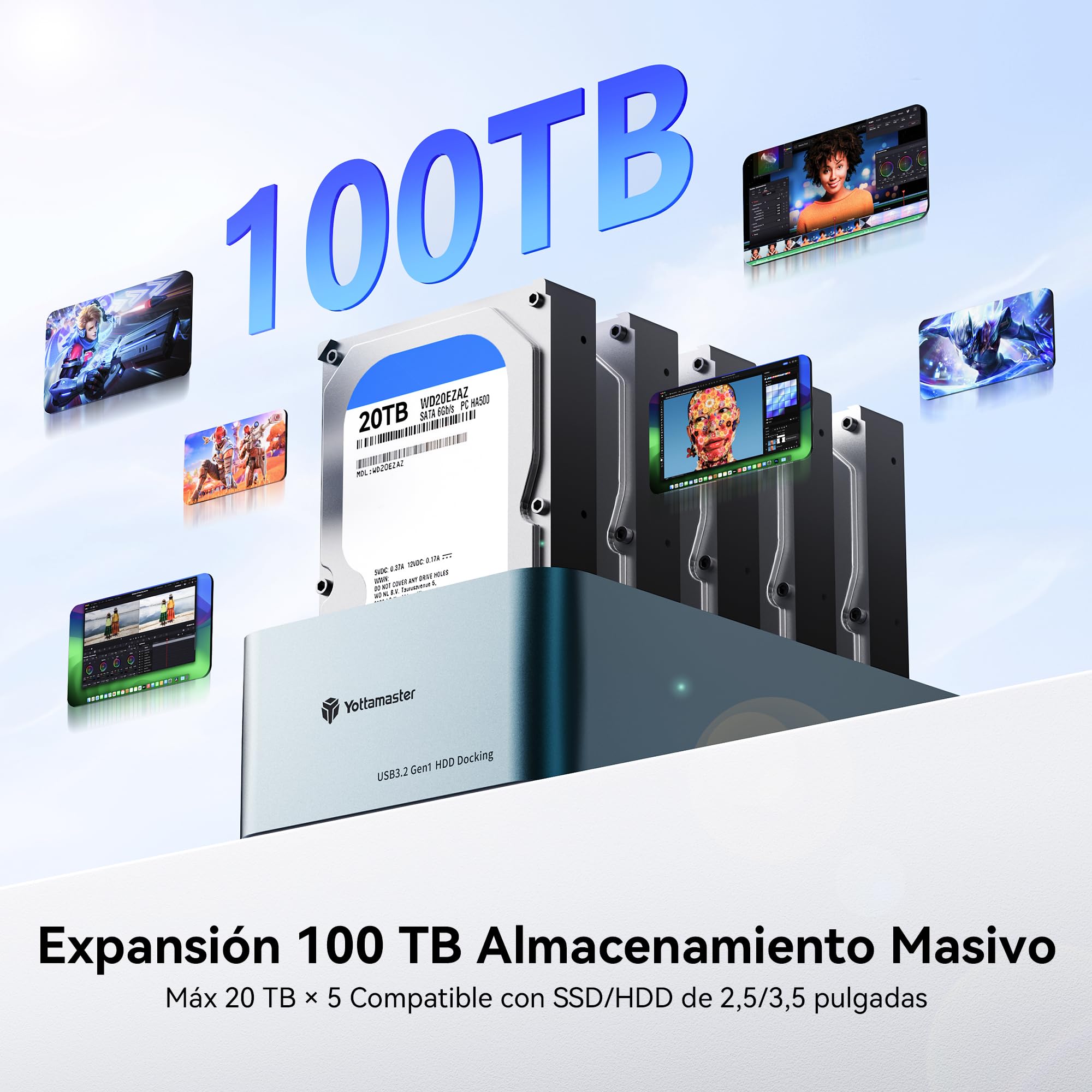Yottamaster 5 Bay Offline Cloning Hard Drive Docking Station de Aluminio para 2,5/3,5 Pulgadas, USB 3.2 Gen1 SATA SSD/HDD Docking Station con Fuente de Alimentación de 12V 6,5A, Soporta 5x20TB