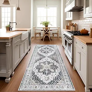 Madane Runner Rug 2'6''x8' Kitchen Runner, Hallway Runner Printed Vintage Washable Rugs Soft Non-Slip Low Pile Runners for Hallways Laundry Room Rug Distressed Rug, Black