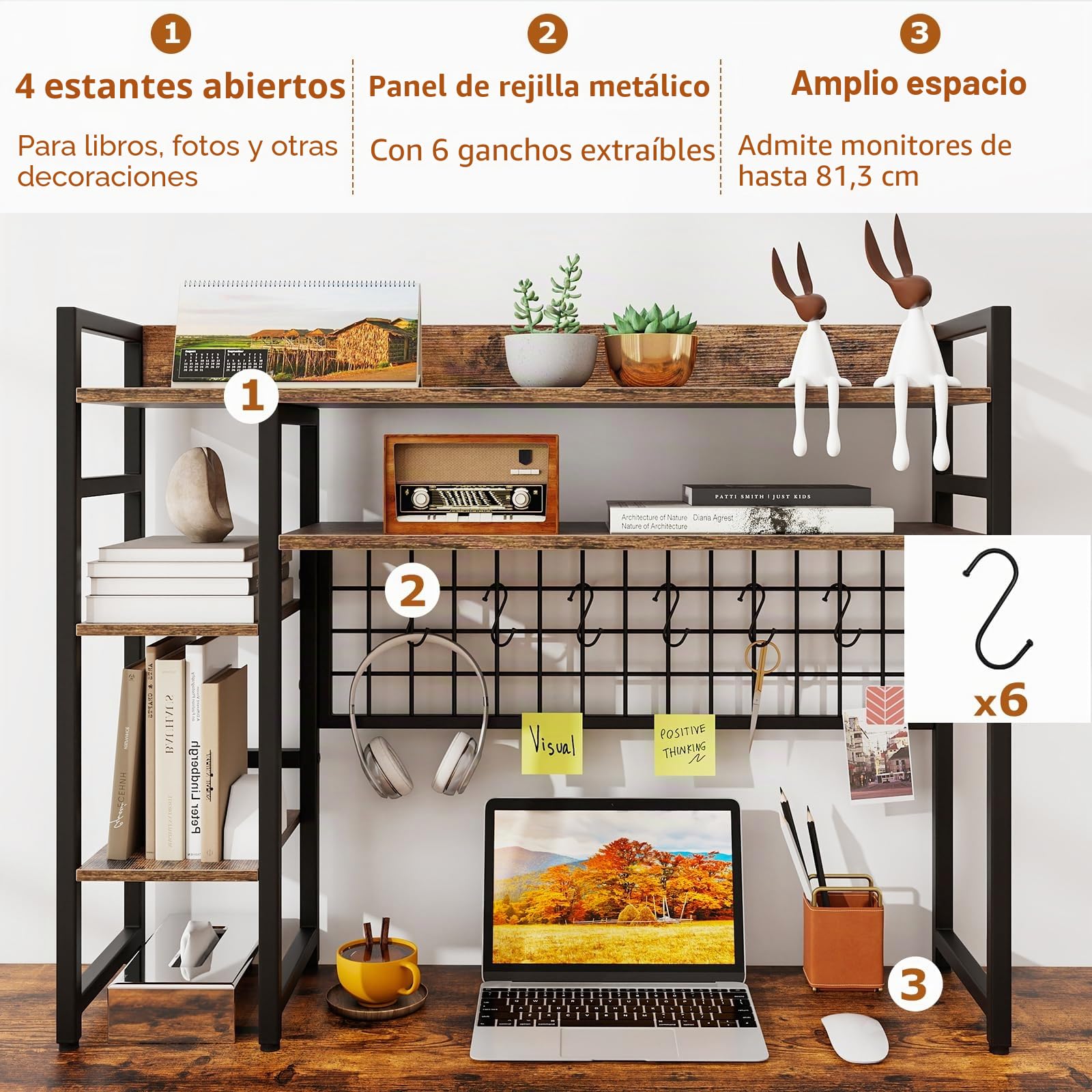 HOMASIS Estantería de Escritorio De 4 Niveles con 6 Ganchos Y Rejilla, Estantería de Madera y Metal, Organizador de Mesa con Bloqueo Antivuelco para, 94 x 25 x 73,5 cm (Marrón)