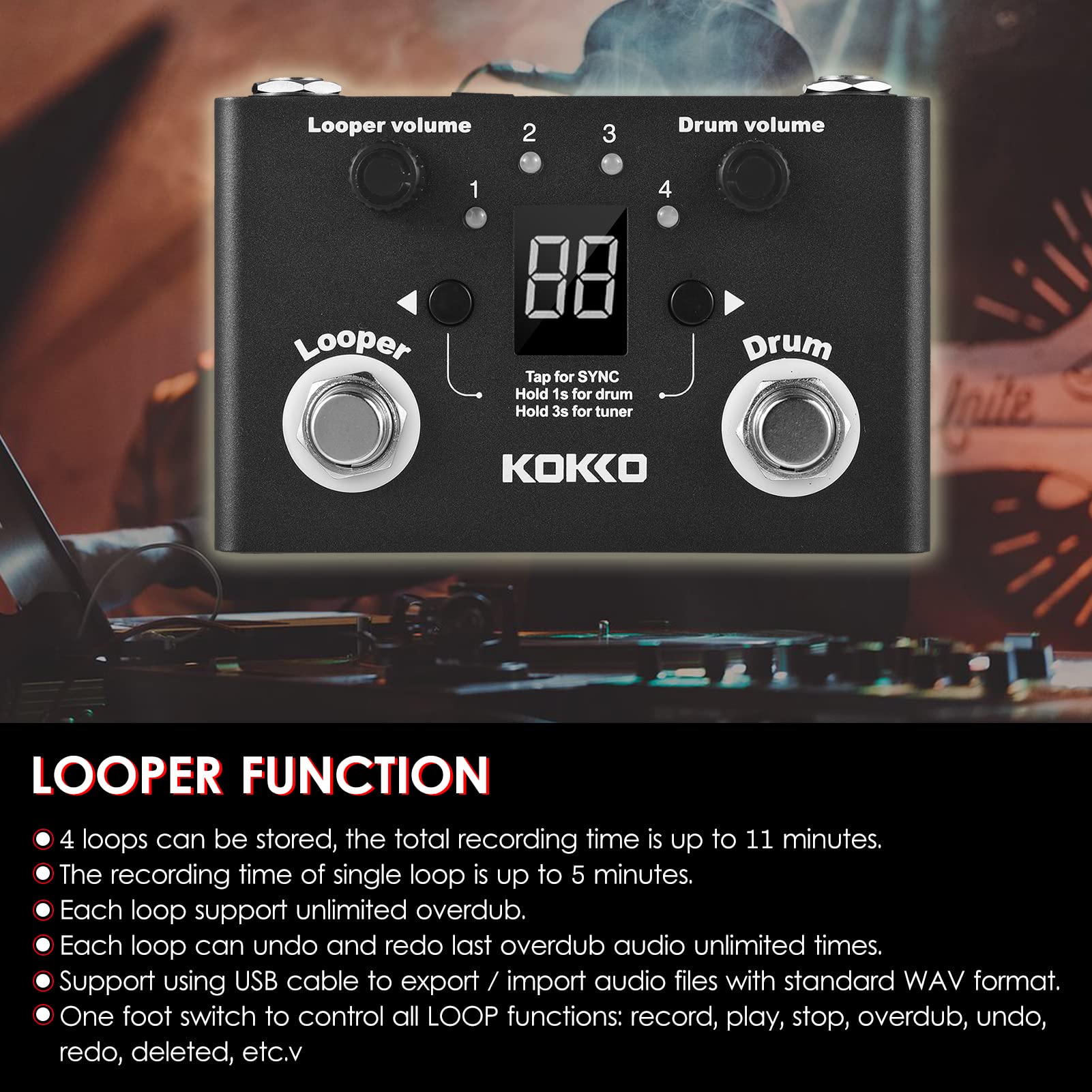 Multifonctionnel Drum & Looper Effet Pedal Tuner BT Page-Turner Phrase Loop Recording Drum Machine Effect Compact Pedal Instrument de musique portable Pédale d'effet Tuner numérique,Pédale d