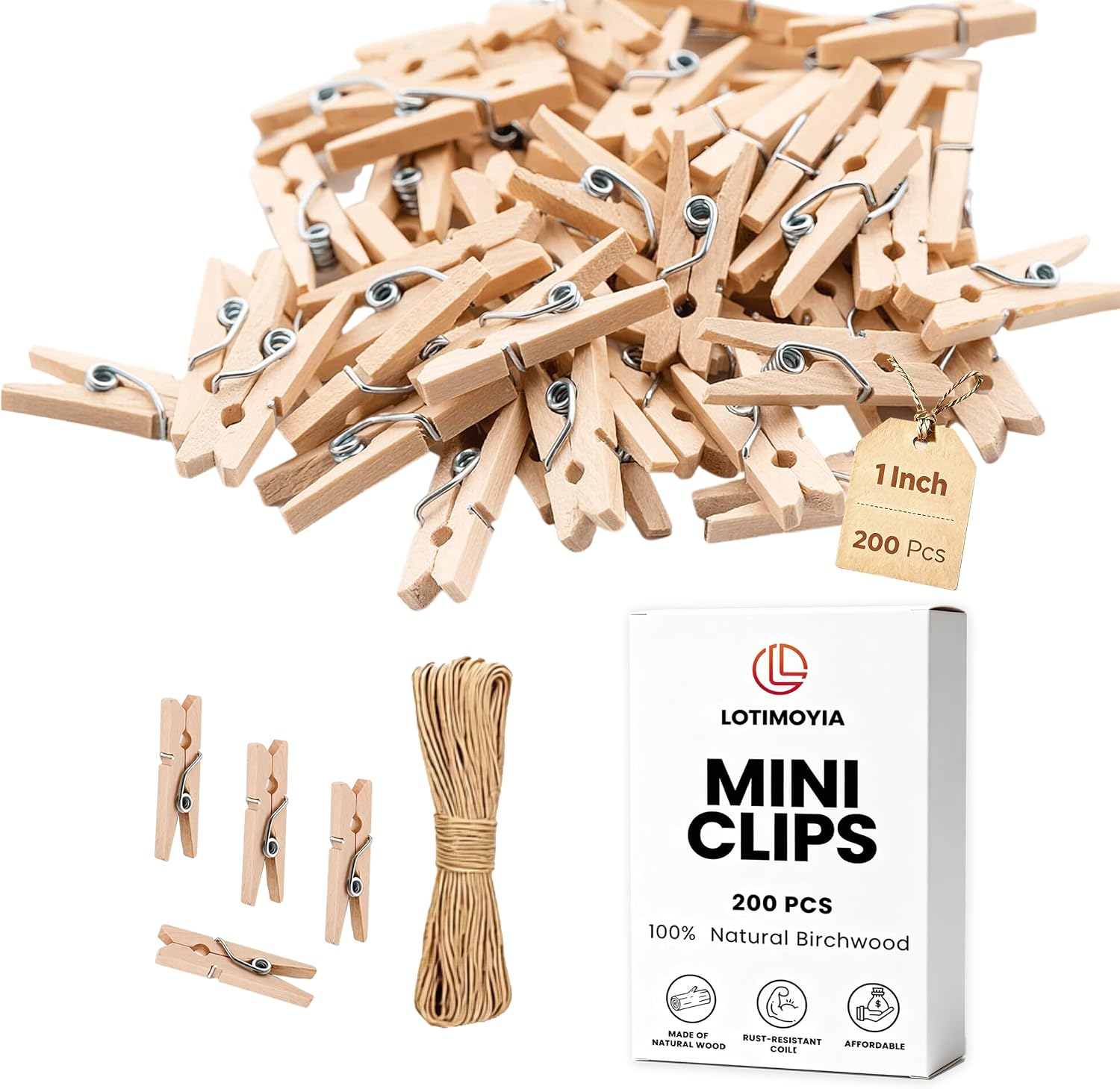 Mini Clothespins 200 Pcs, 1" Wooden Clothespins with 11FT Jute Twine