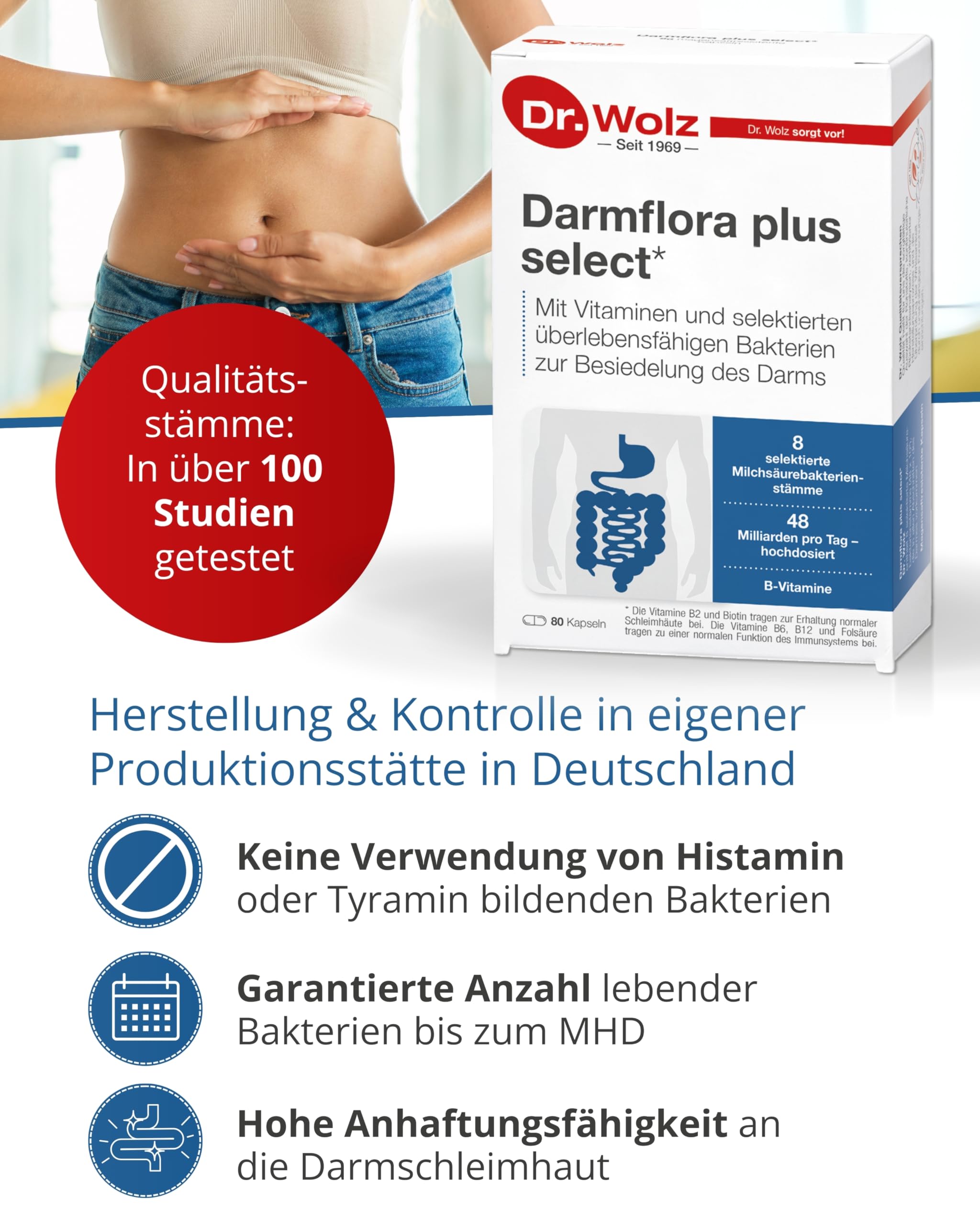 Dr. Wolz Darmflora plus select* - 80 Kapseln hochdosiert - 8 Milchsäurebakterien-Stämme - 48 Mrd Bakterienkulturen pro Tag - Kulturen Komplex für Darmschleimhaut & Immunsystem - Darm-Kur* - vegan