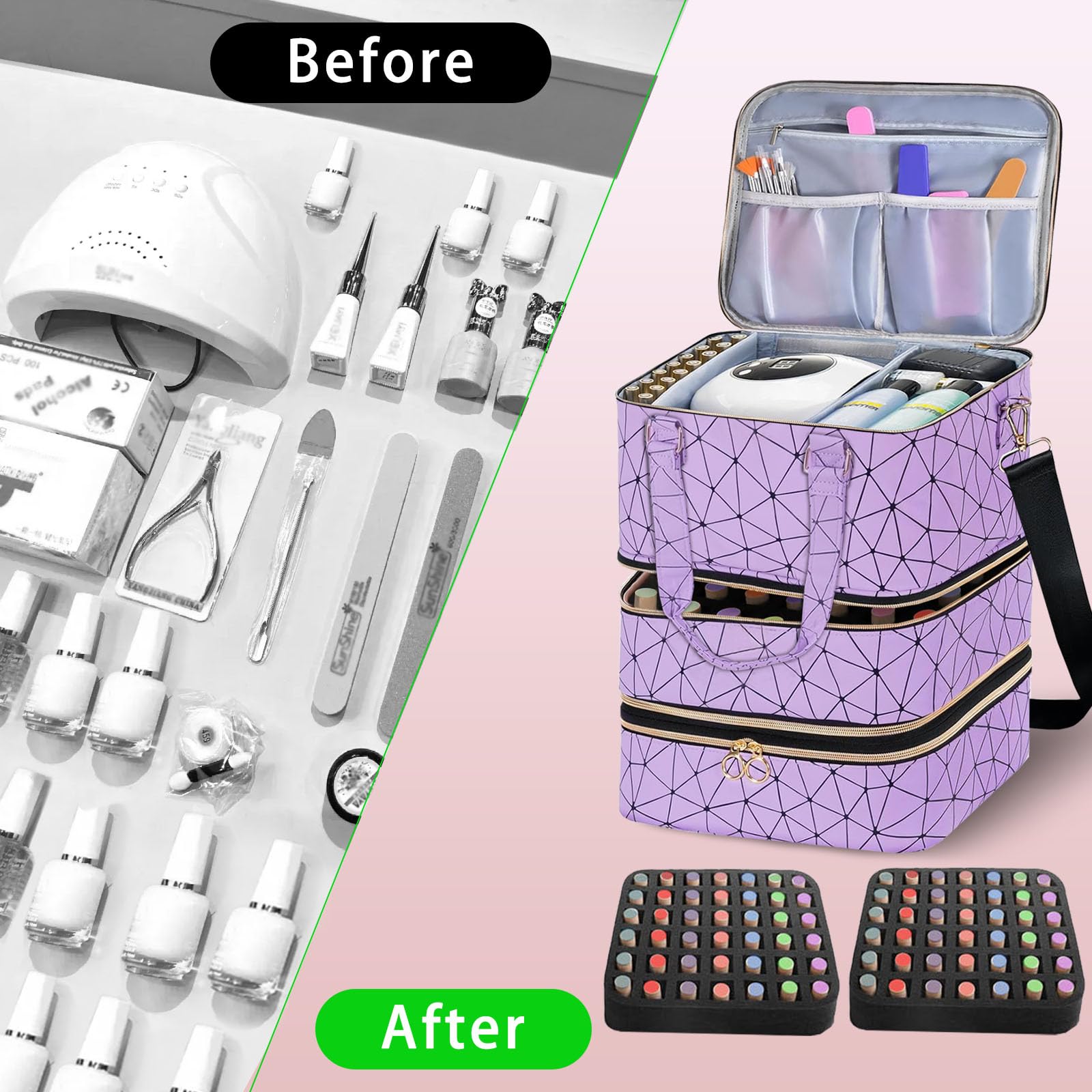 3-Layer Travel Makeup Bag,Nail Polish Organizer,Nail Tools Storage,2 in 1 Removable Polish Package,Waterproof,Adjustable Dividers Compartment,Holds 84 Bottles of 15ML Nail Polish - Image 3