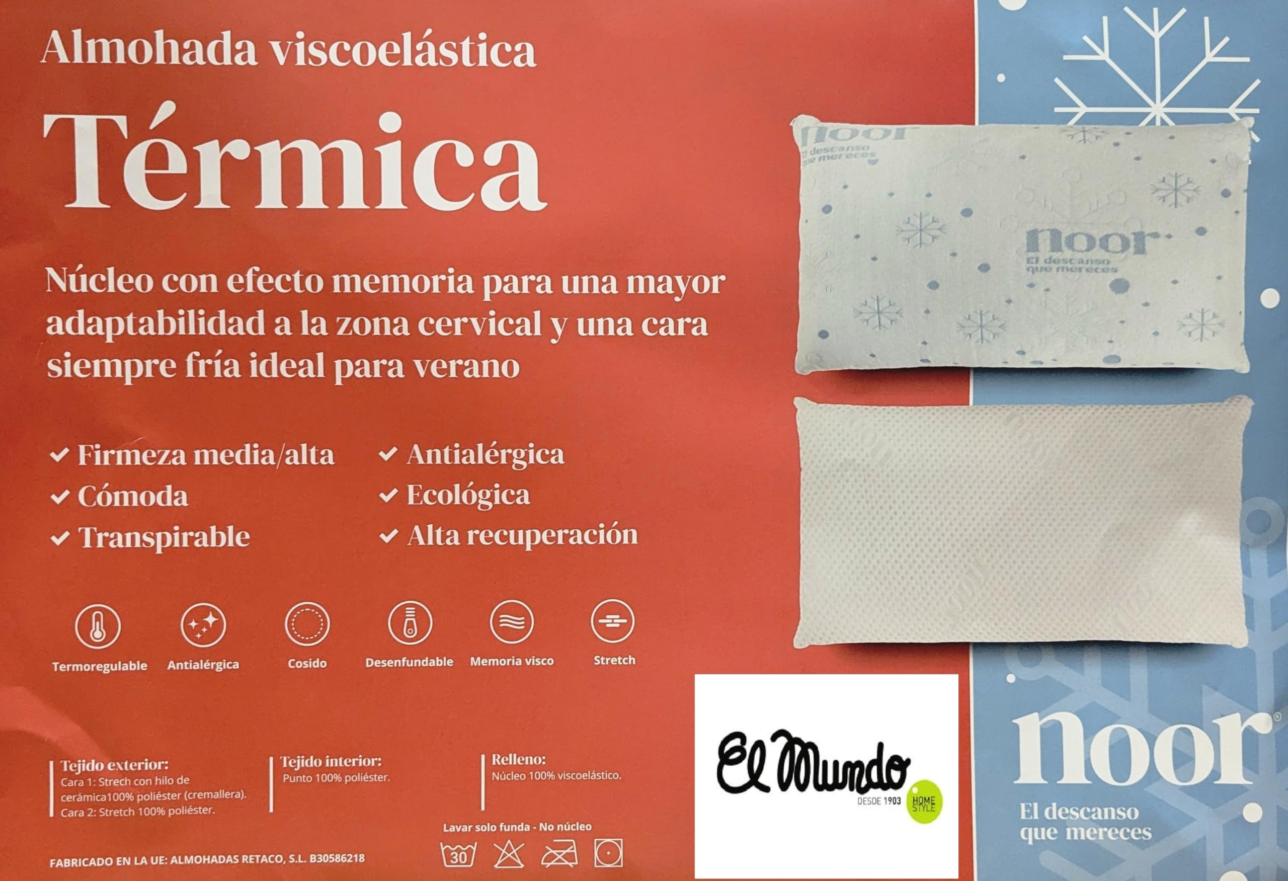 Almohada VISCO TÉRMICA Noor - Blanco, 070 cm.