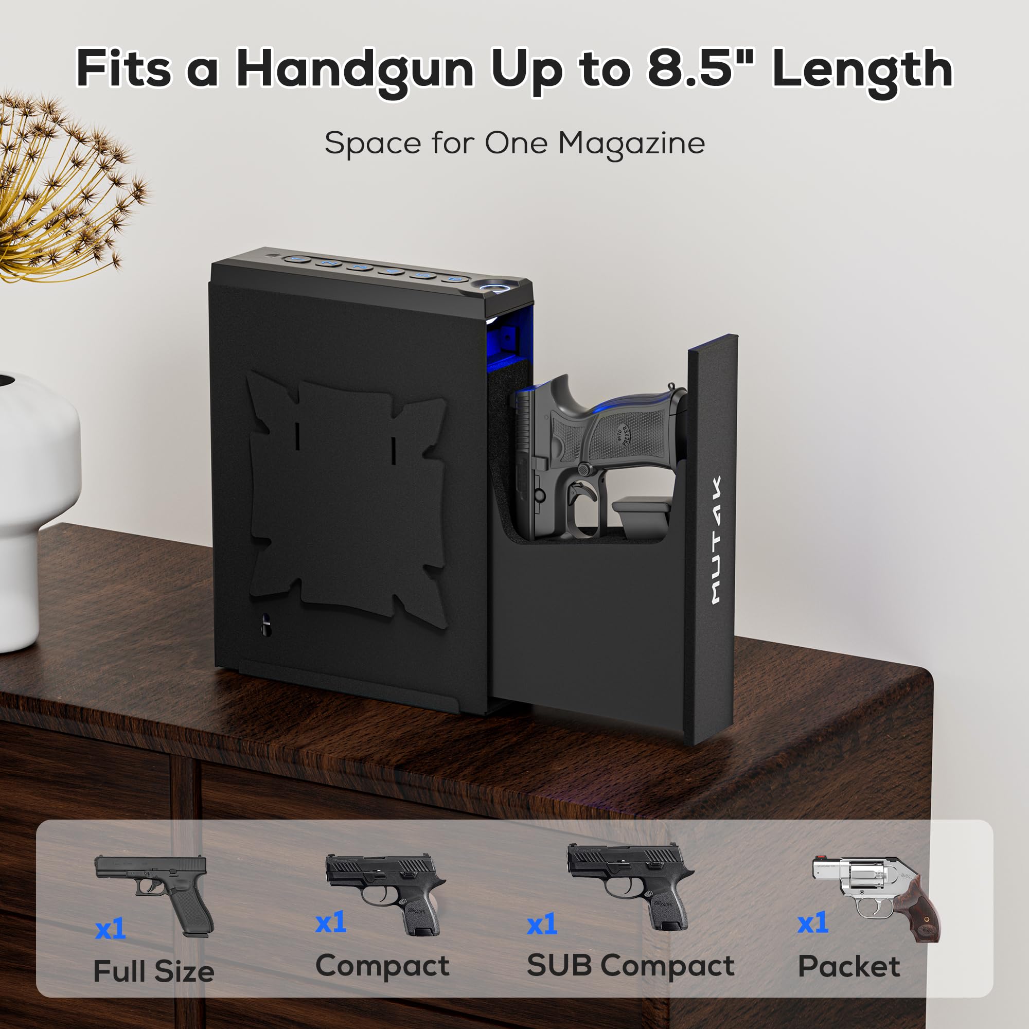 Cassaforte per pistola biometrica con porta scorrevole automatica, 0,1 s, ad accesso rapido, per comodino, scrivania, comodino, camion, con APP/impronte digitali/codice PIN/CHIAVE
