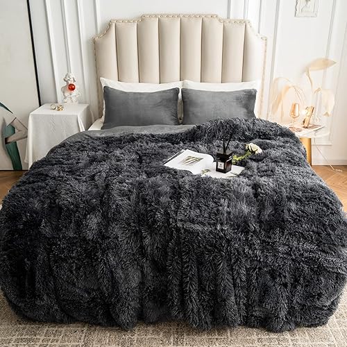 Shaggy - Juego de funda de edredón de peluche suave de lujo con cierre de cremallera, 3 piezas, juego de 1 funda de edredón de pelaje sintético + 2 Shaggy - Juego de funda de edredón de peluche suave de lujo con cierre de cremallera, 3 piezas, juego de 1 funda de edredón de pelaje sintético + 2