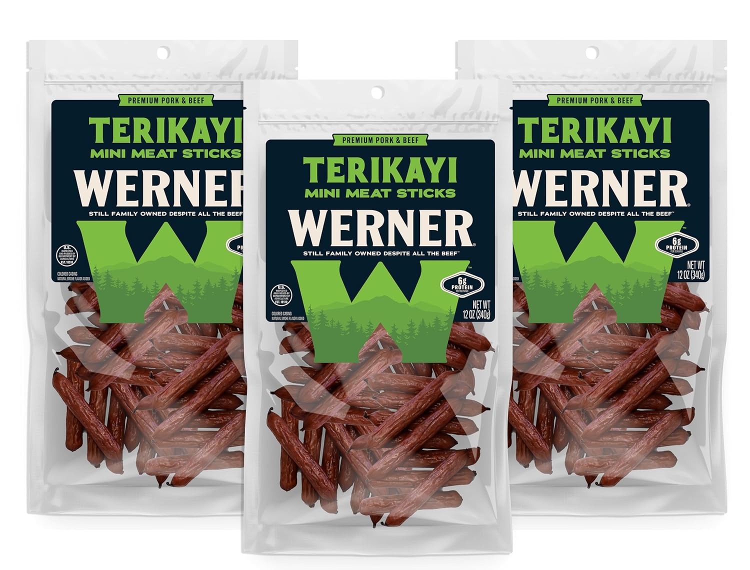 Werner Mini Teriyaki Meat Sticks Pack of 3 – 12 Ounce Resealable Bag