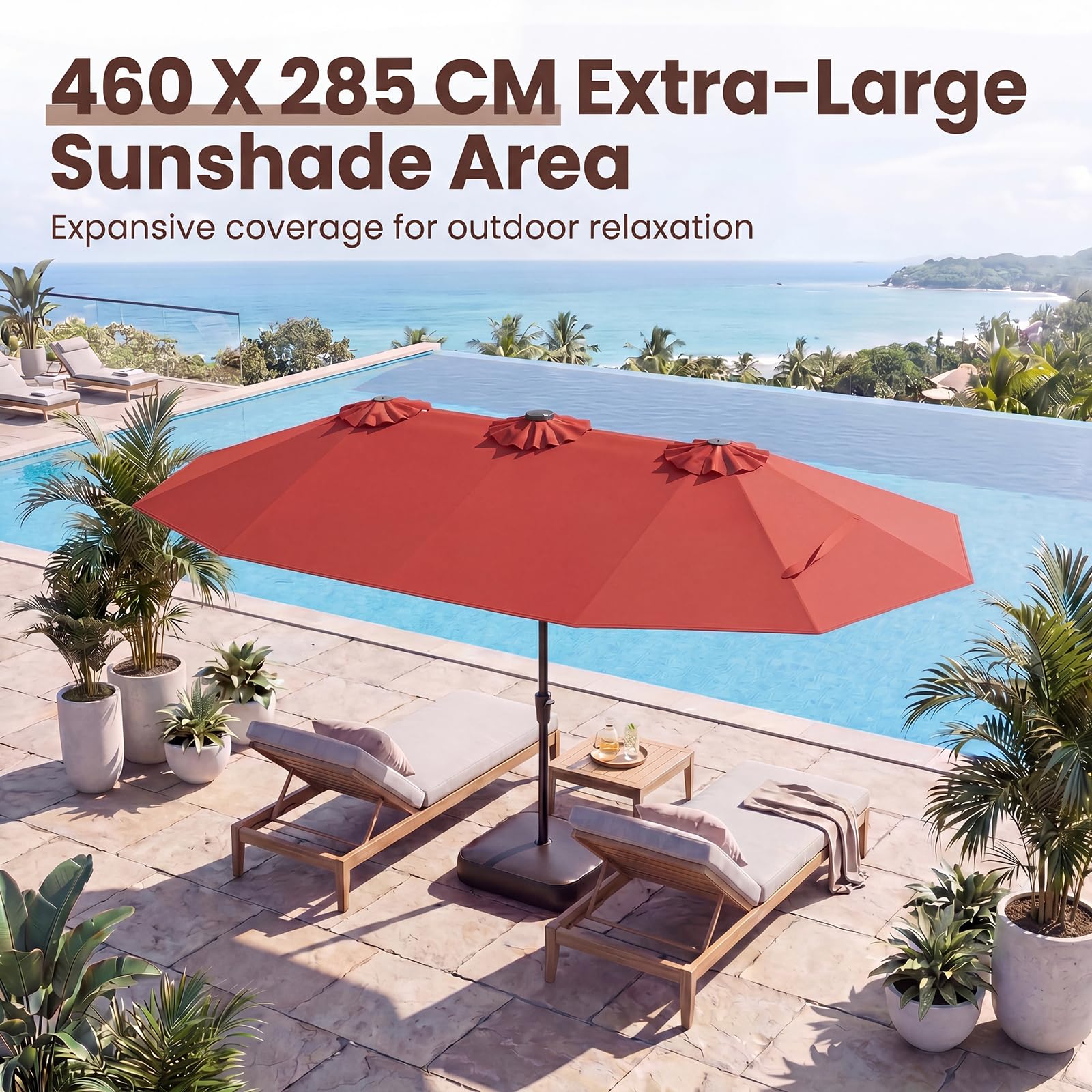 GOPLUS Doppelsonnenschirm mit LED Beleuchtung, UV 50+, Sonnenschirm mit Ständer, Balkonschirm groß 470 x 280 cm, Gartenshirm mit Kurbel & 12 Rippen, Marktschirm oval (Mit Ständer,Orange)