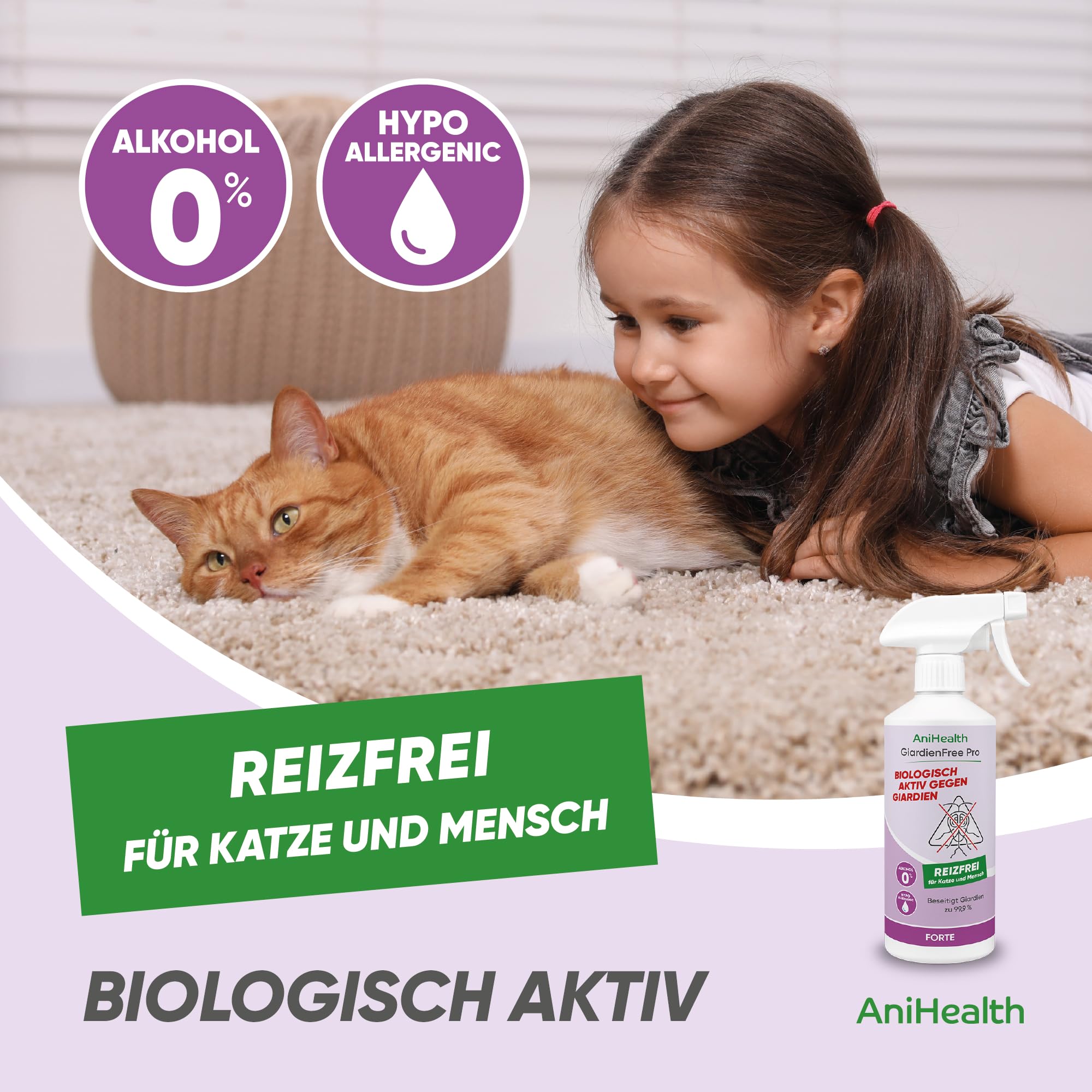 Giardien Hygiene-Spray Katze | tötet 99,9% Giardien + Zysten bei der ersten Anwendung auf Flächen, Gegenständen, Körperstellen | R E I Z F R E I durch Bioseptika HOCl – GiardienFree Pro 500ml