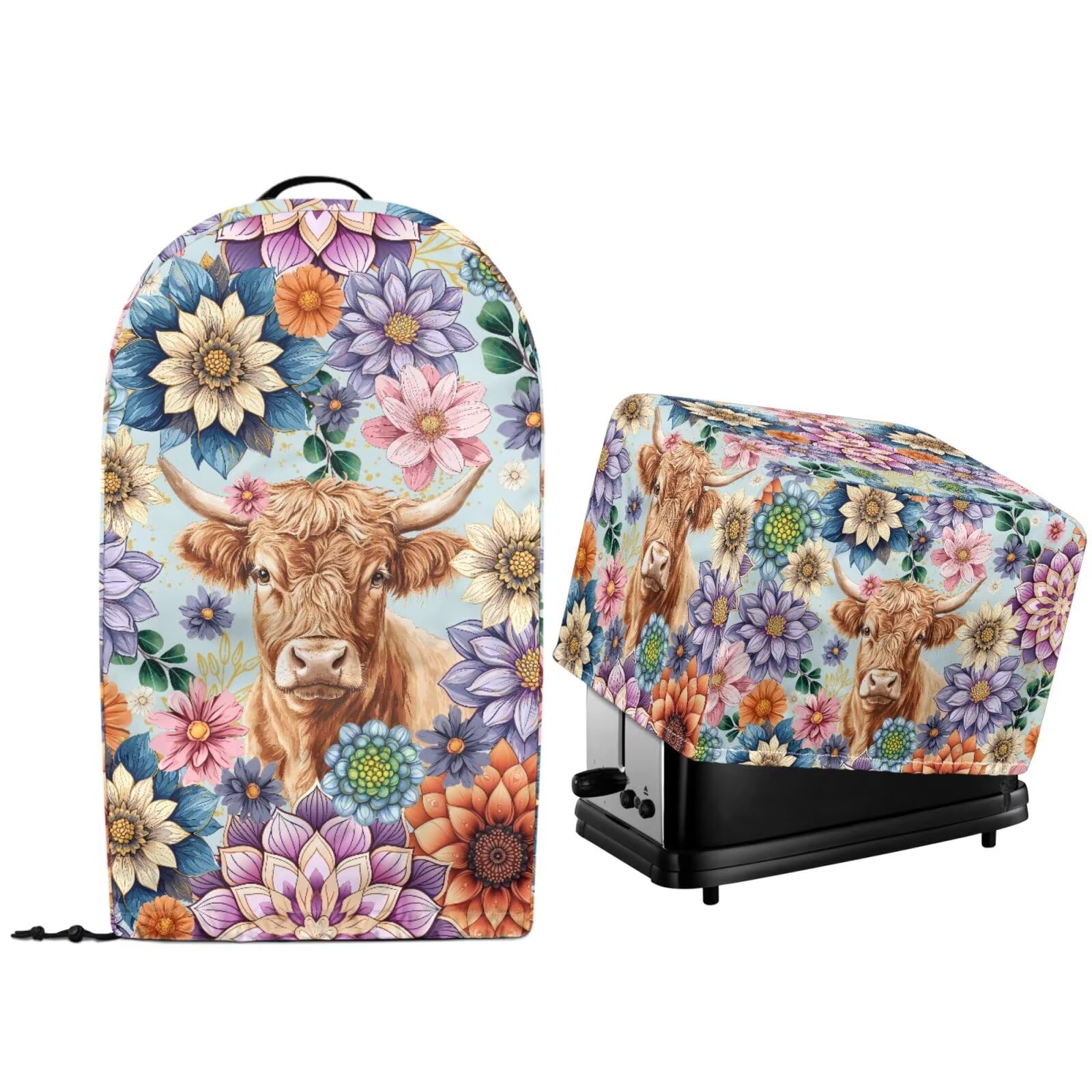 Kitchen Appliance Dust-proof Cover with Drawstring Hem Boho Floral Highland Cow Print Stand Mixer Food Processor and Toaster Bread Maker Machine Dust Protector Covers
