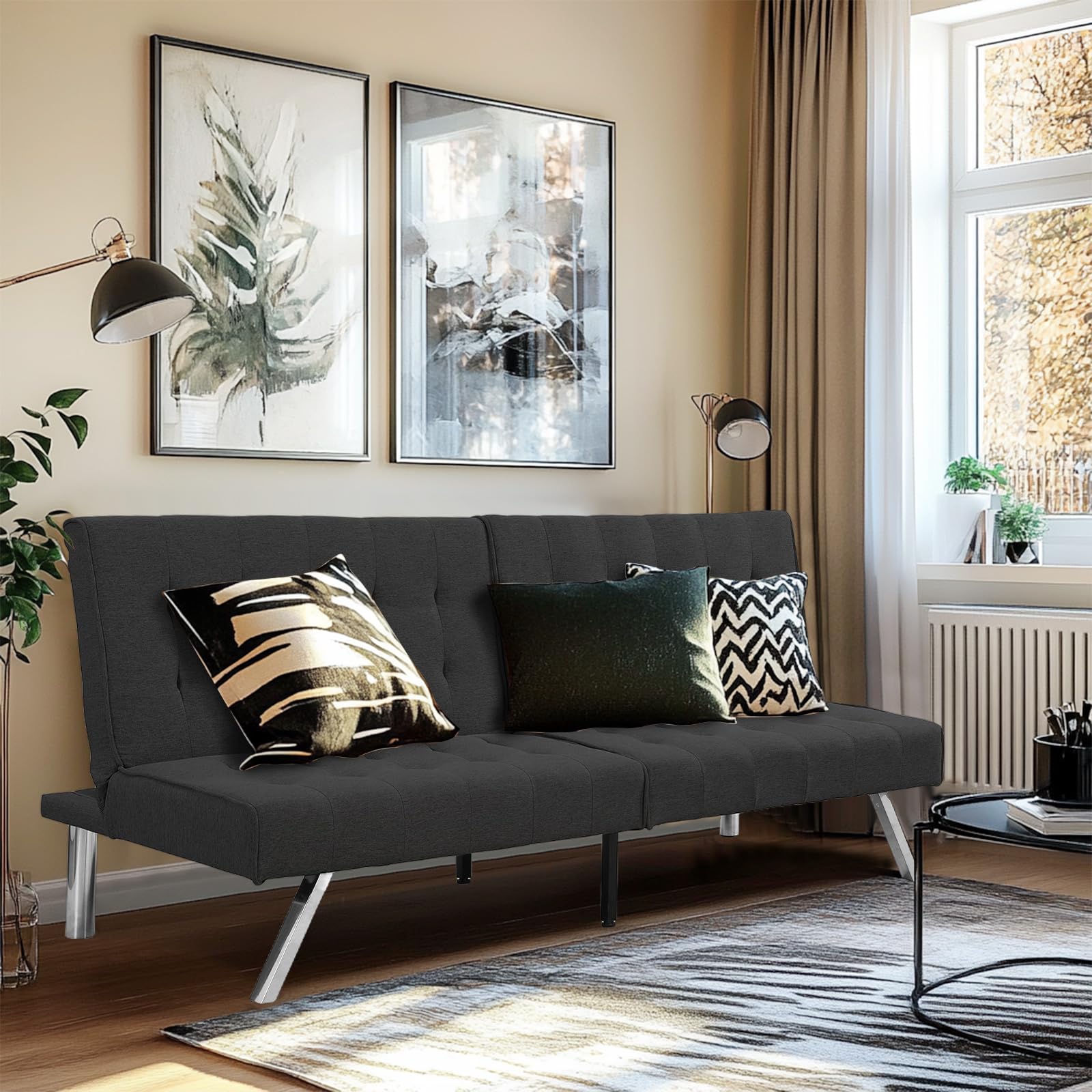 Convertible Sofa Bed Adjustable Couch Sleeper - Fabric Loveseat Futon Bed with Breathable Chenille, Metal Legs, and Adjustable Lounge - Perfect for Compact Living Space