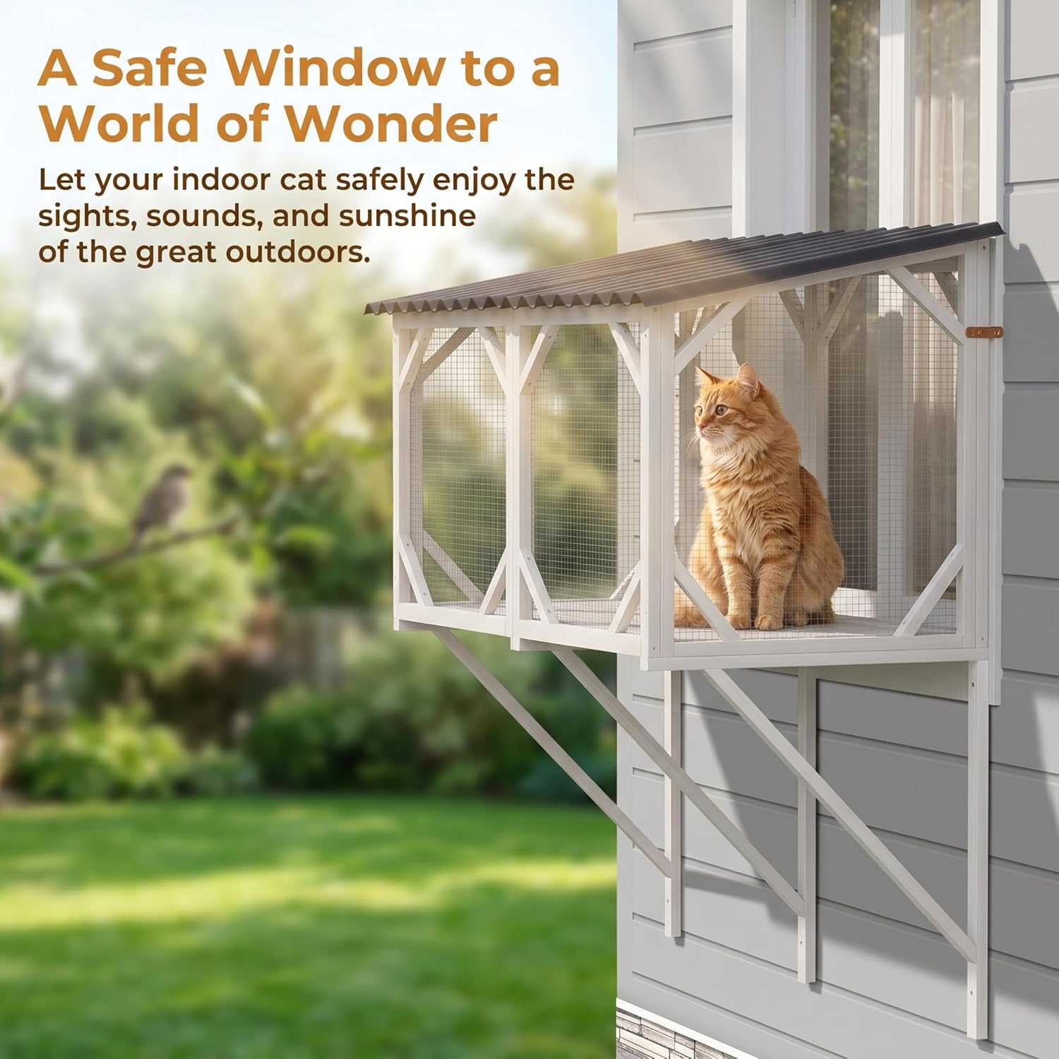 43.3" Wooden Window Catio – Outdoor Cat Enclosure with Solid Wood Frame, Large Window Perch for Indoor Cats, Balcony Cat House for Sunbathing, Bird Watching & Relaxing, White