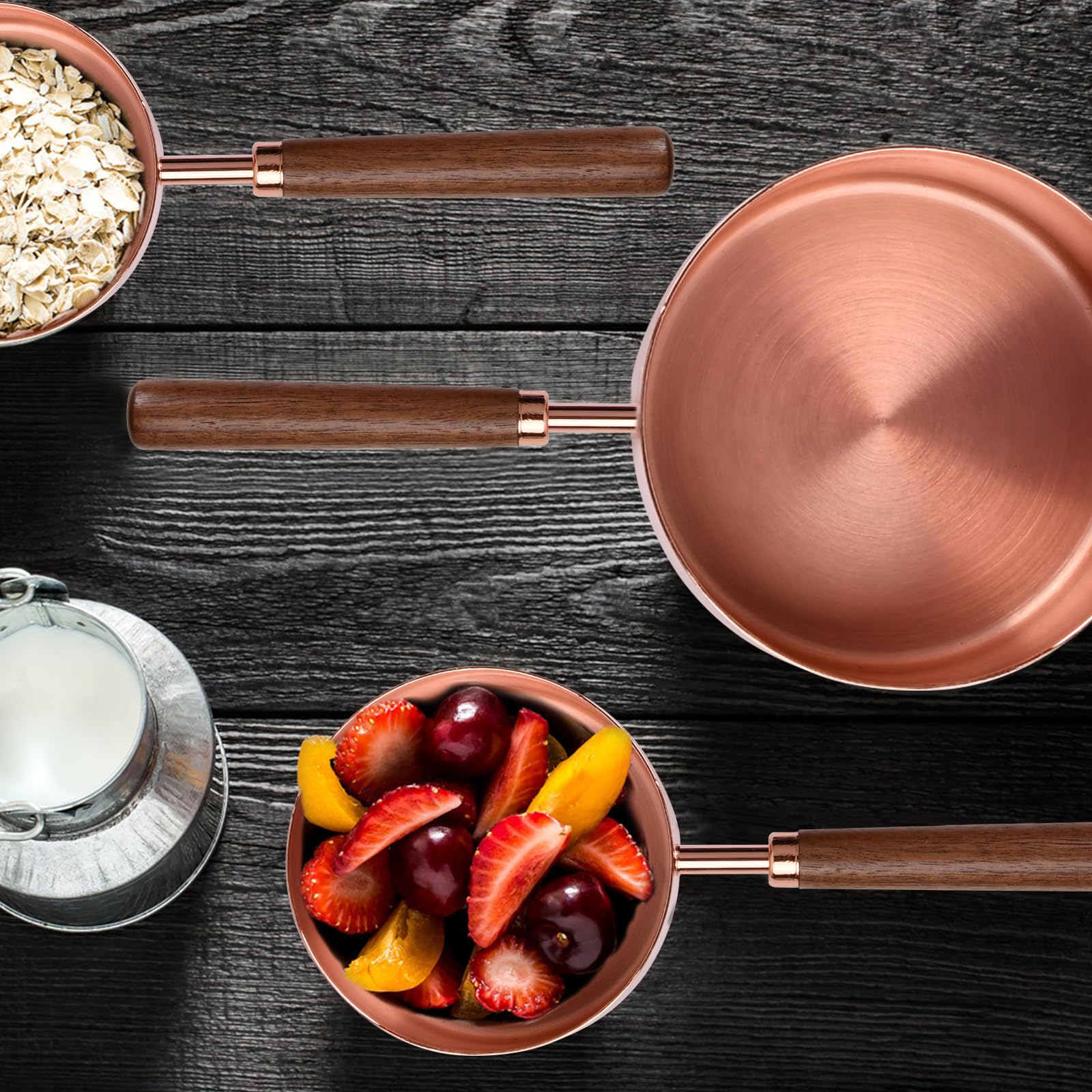 4 Juego de Tazas Medidoras y Cucharas Medidoras de Cobre Acero Inoxidable, Cuchara de Medición con Mango de Madera Medidas Grabadas para Ingredientes Secos y Líquidos, Cocinar, Hornear (Acacia)