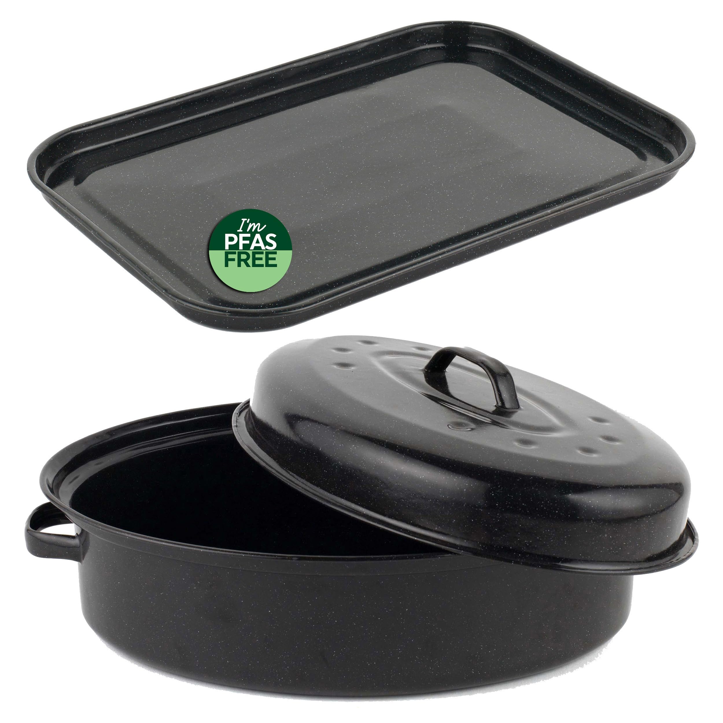 Salter Black Combo-9149 Baking Tray & Roaster Set - Vitreous Enamel Coated Steel Self-Basting Roasting Tin With Lid, Flat Oven Pan, Large Cookie Sheet, Pfas-Free, Oval Cooking Dish, Dishwasher Safe,