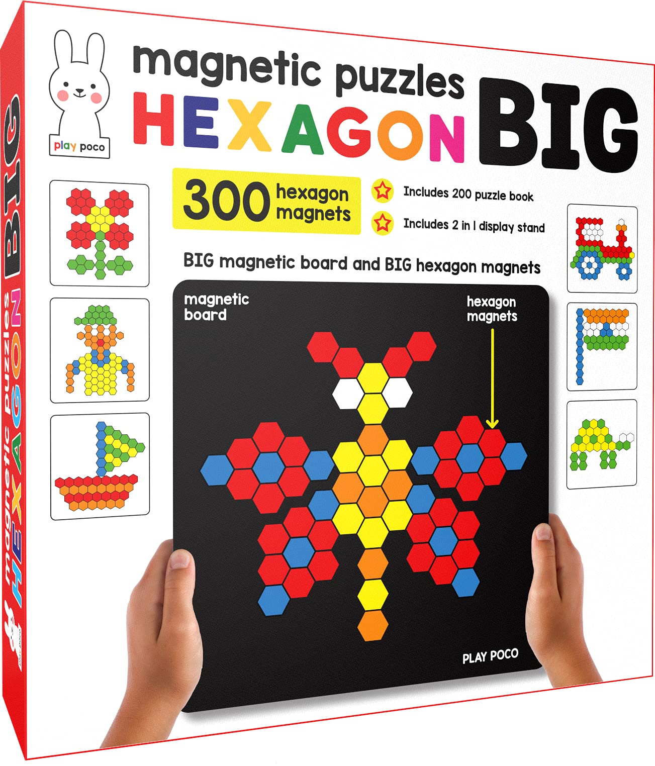 Play Poco Magnetic Puzzles Jumbo Hexagon - Includes 300 Big Magnets, 200 Puzzles, Board And 2 In 1 Display Stand For Boys Girls