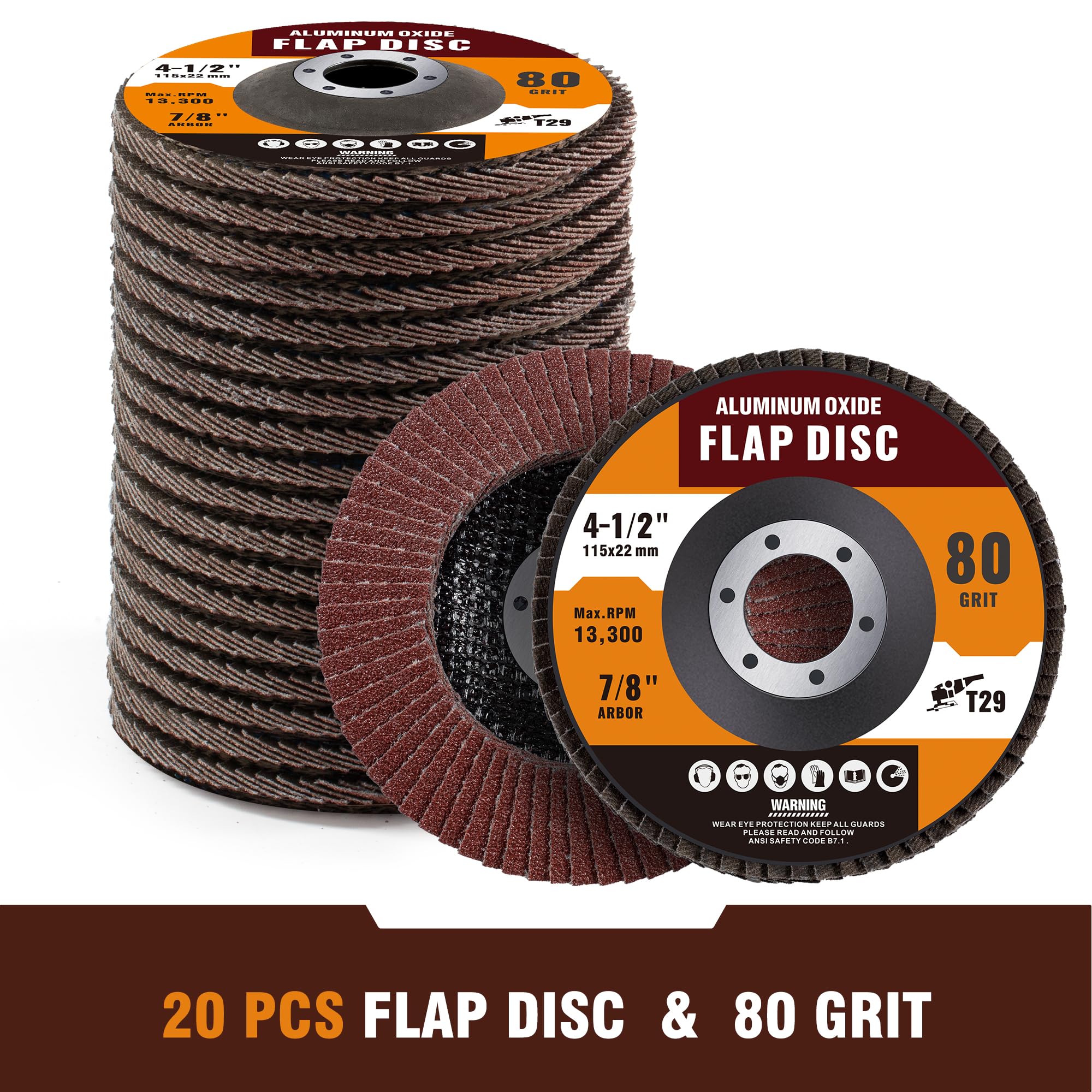 Confezione da 20 dischi lamellari in ossido di alluminio 4 1/2 per smerigliatrice angolare grana 80, ruote per smerigliatrice angolare da 2,2 cm, per levigatura di legno e metallo, T29