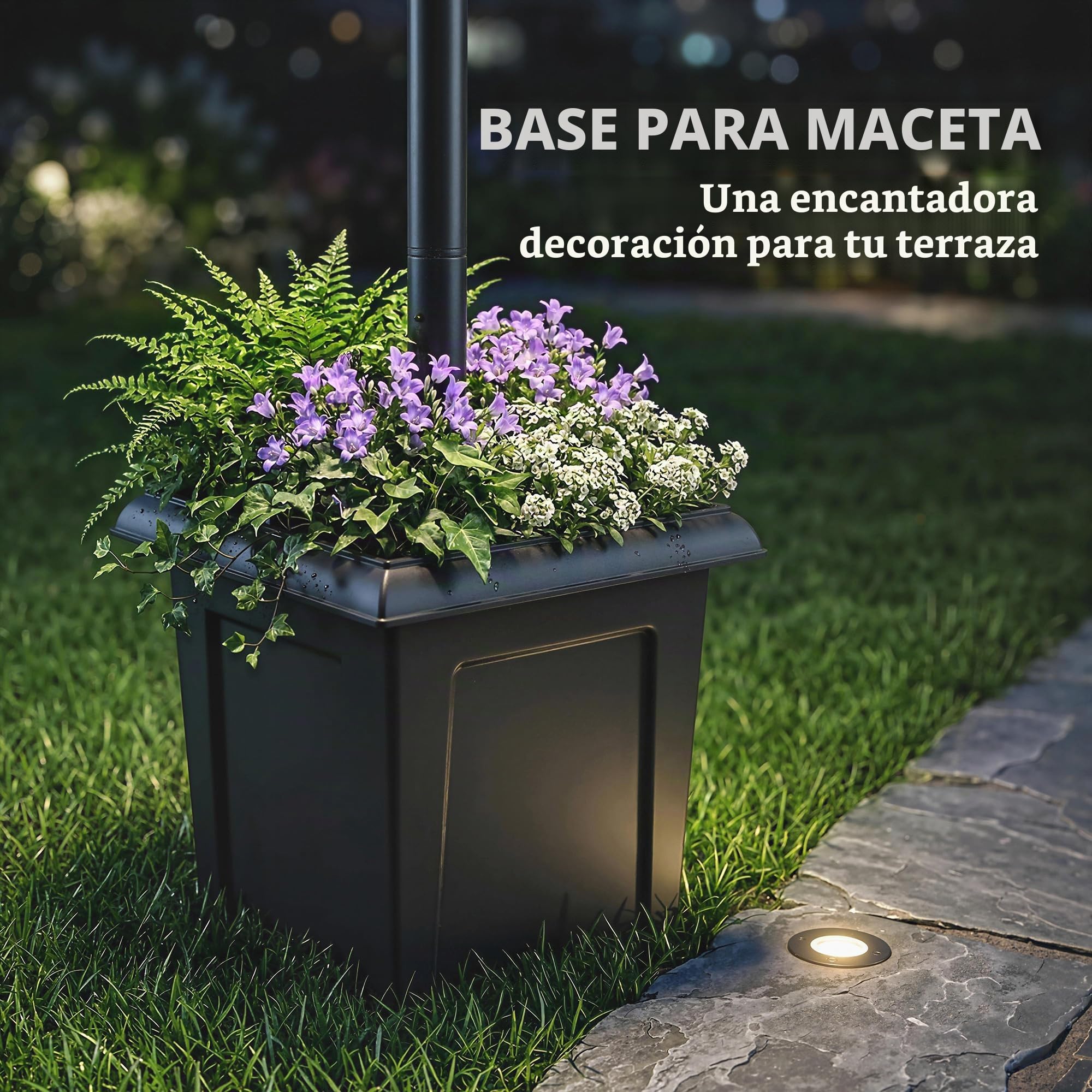 Outsunny Farola Solar Exterior de Jardín con Macetero 53,5x30x182cm Negro | 2 Cabezales, Impermeable IP44, Encendido/Apagado Automático, Altura Ajustable, Luz Solar de Exterior LED, Terraza Patio