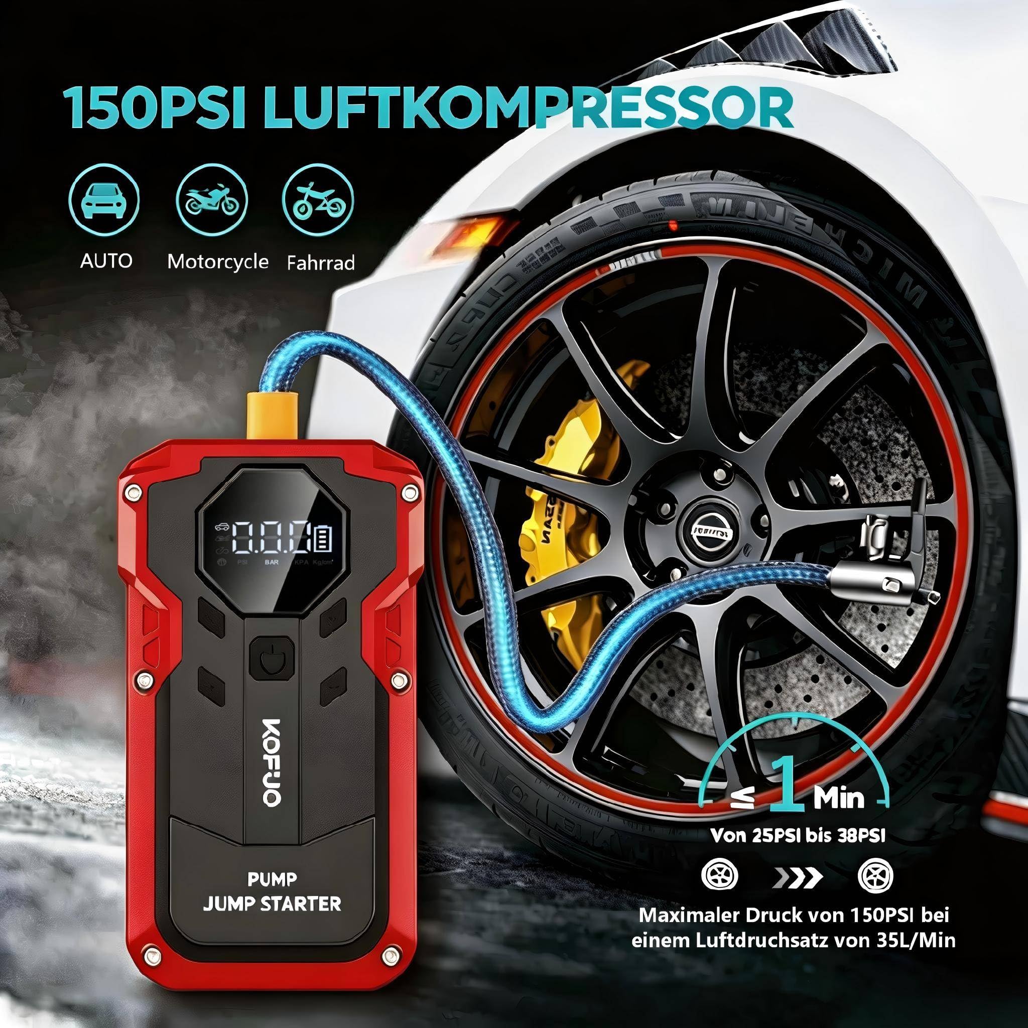 6000A Starthilfe Powerbank mit Kompressor für 8L Benzin & 6.5L Diesel (Rot) | 8000mAh Starthilfe Auto für 12V Auto,Wohnmobil, Motorrad&Rasenmähertraktor, Komplettes Zubehörset,3 USB-Ladeanschluss