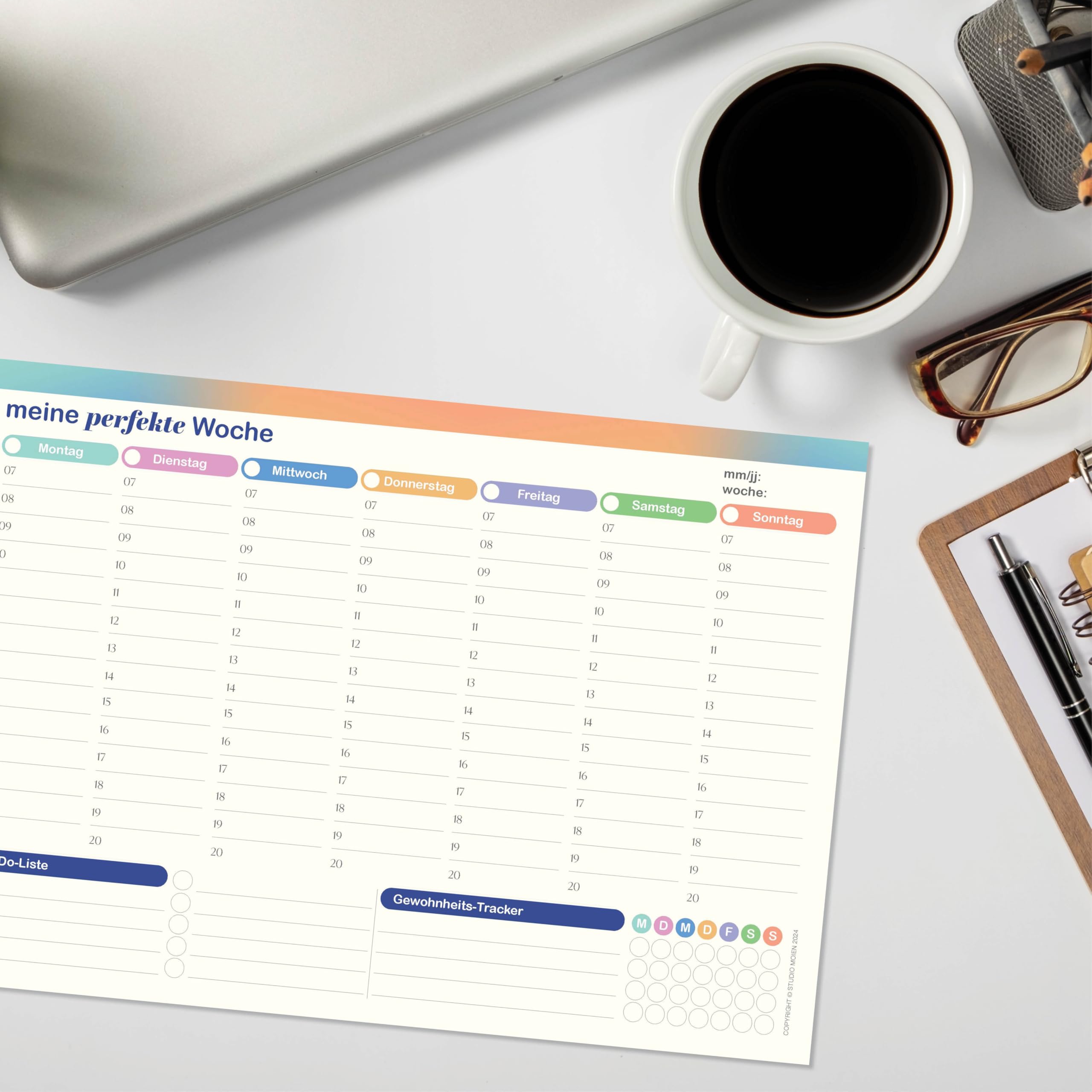 50 Sheets Weekly Planner A4 Size 29.7 x 21 cm Desk Pad Daily Planner To Do List Habit Tracker No Fixed Date for Family School Office (German)