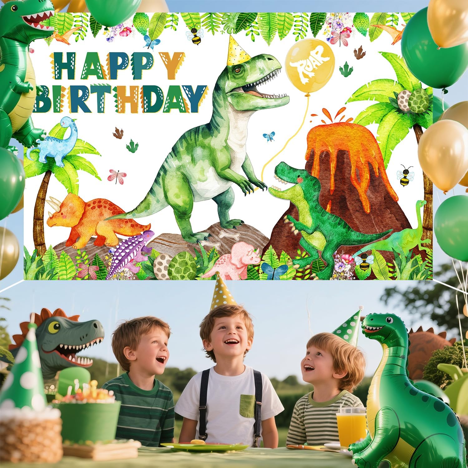Dinosaur Birthday Backdrop Banner Roar Dino Happy Birthday Jungle Leaves T-rex Dinosaur Photography Background for Boy Girl 1st 2nd 3rd 4th 10th Bday Party Supplies Decor (Green Happy Bday Generic) - Image 5