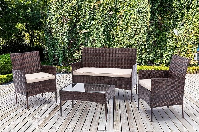 4pcs Rattan Outdoor Garden furniture sofa set with 2x Armchairs 1x Double Sofa & 1 table for indoor & outdoor (Roger) (Brown)