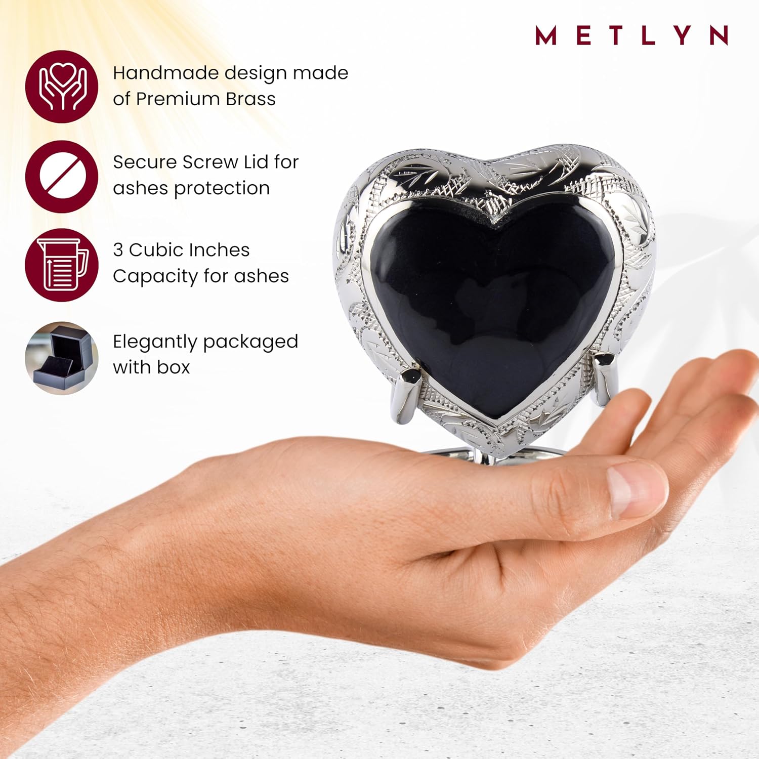 Heart Shaped Brass Small Urn for Human Ashes Keepsake with Silver Engraving – Mini Cremation Urn with Velvet Box & Brass Stand – Memorial Keepsake for Ashes of Adult Male, Female and Infant (Black) image 5