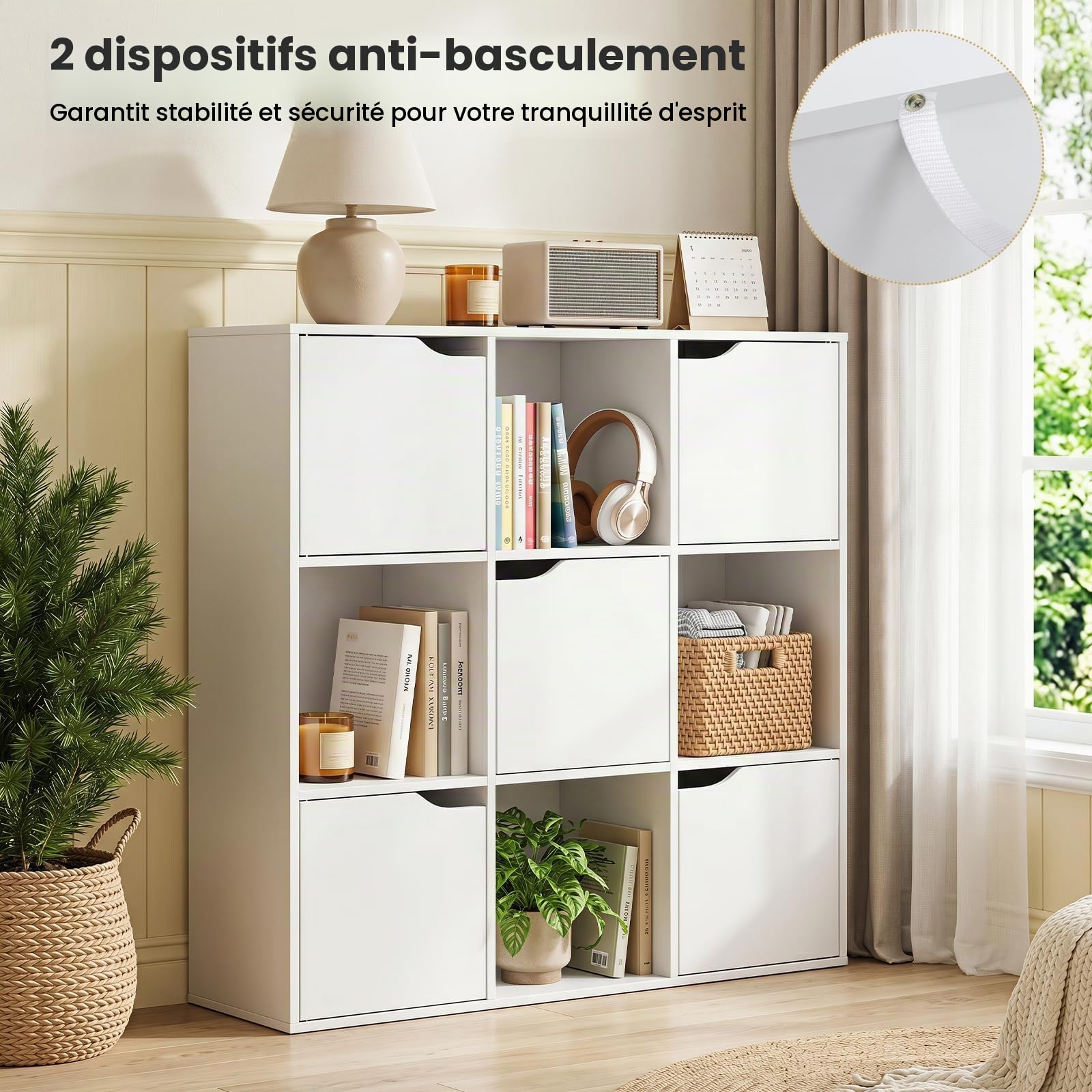 COSTWAY Bibliothèque Étagère de Rangement 9 Cases, Armoire de Rangement avec 4 Cubes Ouverts 28 x 28 cm, 5 Compartiments avec Porte, Meuble de Rangement pour Salon, Bureau, Chambre, Blanc