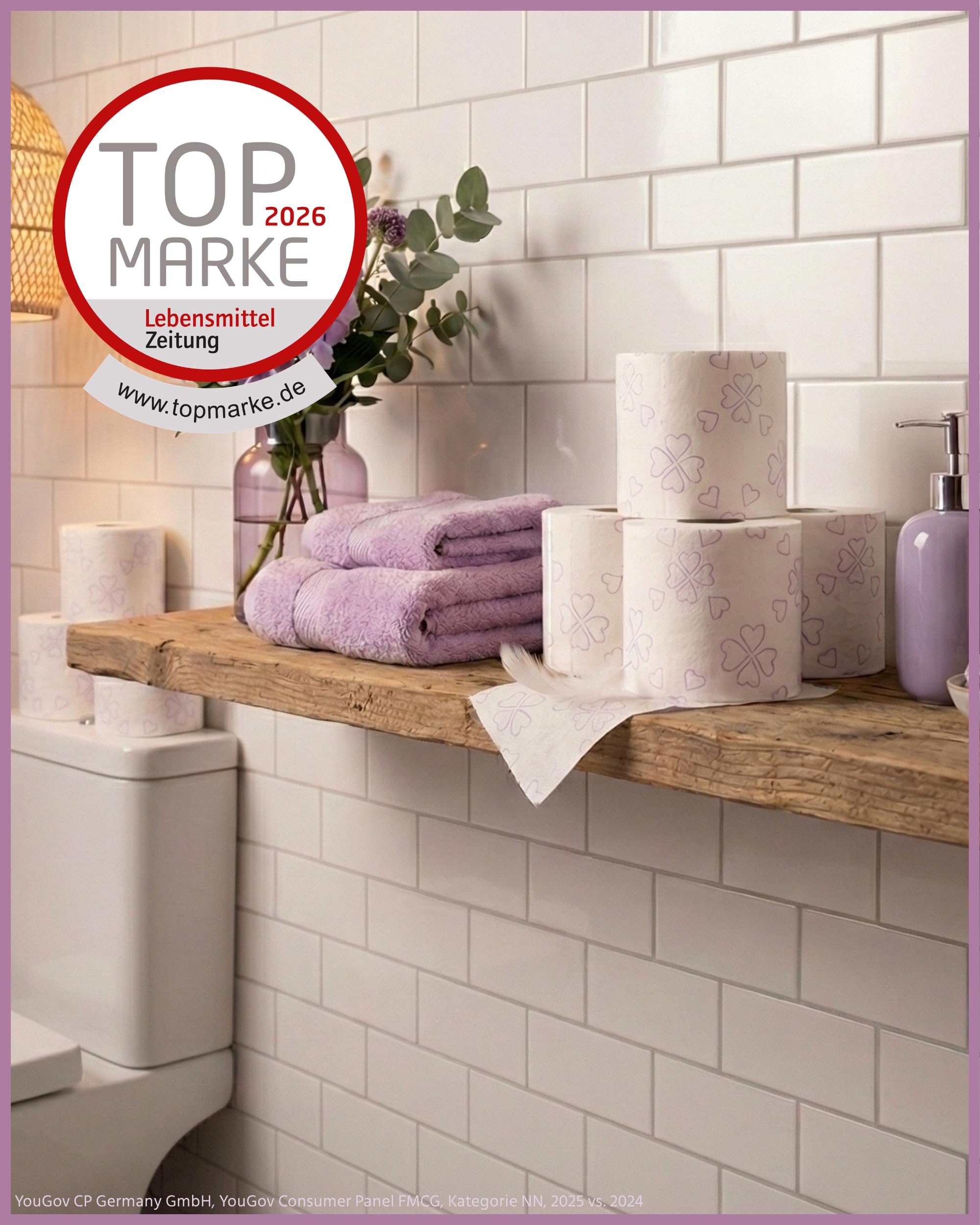 Glücksblatt Toilettenpapier Samtweich mit frischem Blütenduft, 4-lagig, 56 Rollen x 130 Blatt, 100% Zellstoff, superweiches Klopapier mit Glücks-Prägung, WC Papier, Verpackung aus mind. 30% PCR