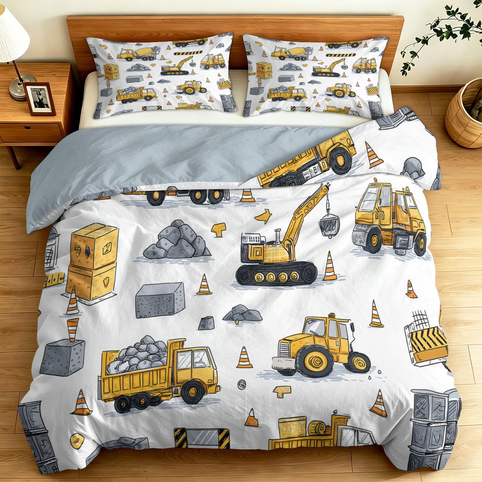 Poszwa na kołdrę dla dzieci 220 x 240 cm Zestaw pościeli dla dorosłych Koparka Inżynieria Kreskówka Akwarela Zestaw pościeli z mikrofibry dla dziewczynek Dzieci, Niebiesko-Jasnoszary Dwustronne