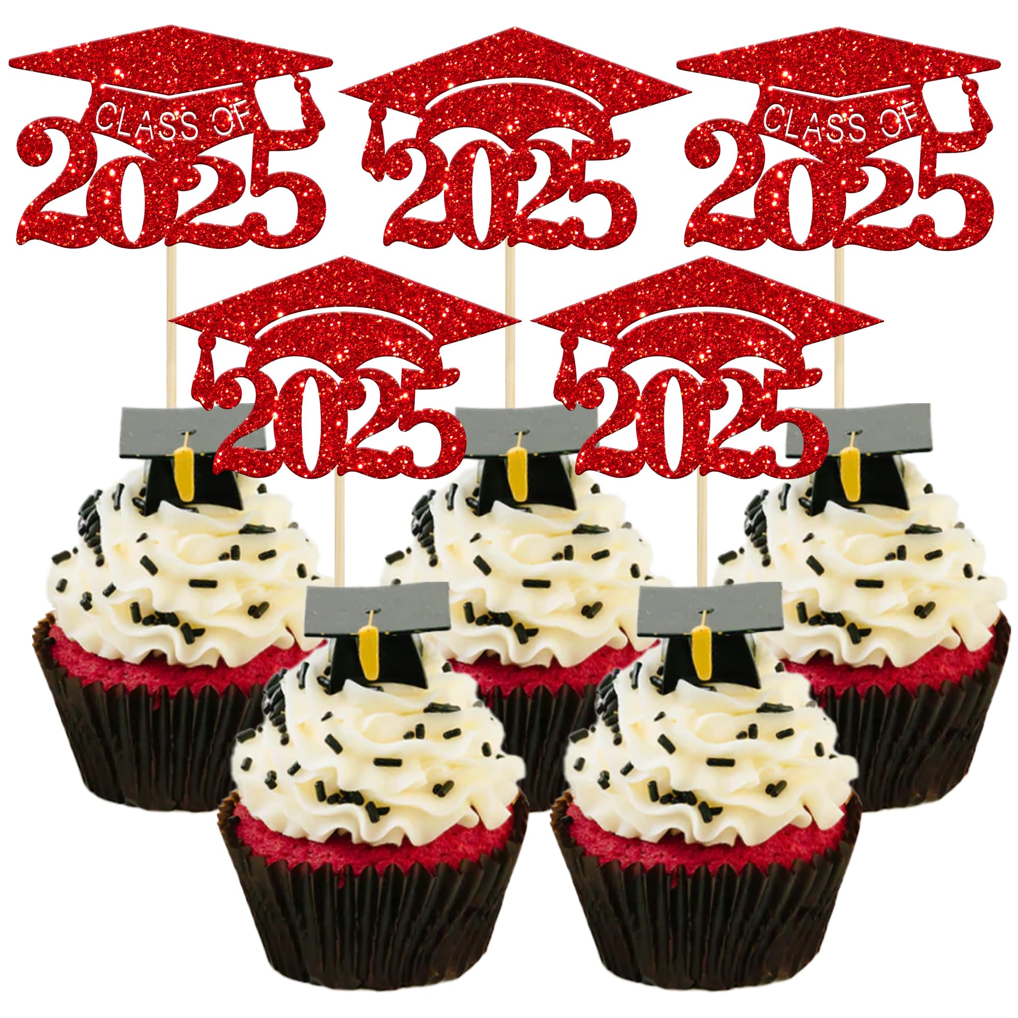 Gyufise 24 Pack 2026 Graduation Cap Cupcake Toppers Red Glitter Class of 2026 Congrats Grad Cap Cupcake Picks for So Proud of You 2026 Graduation Theme Party Cake Decorations Supplies