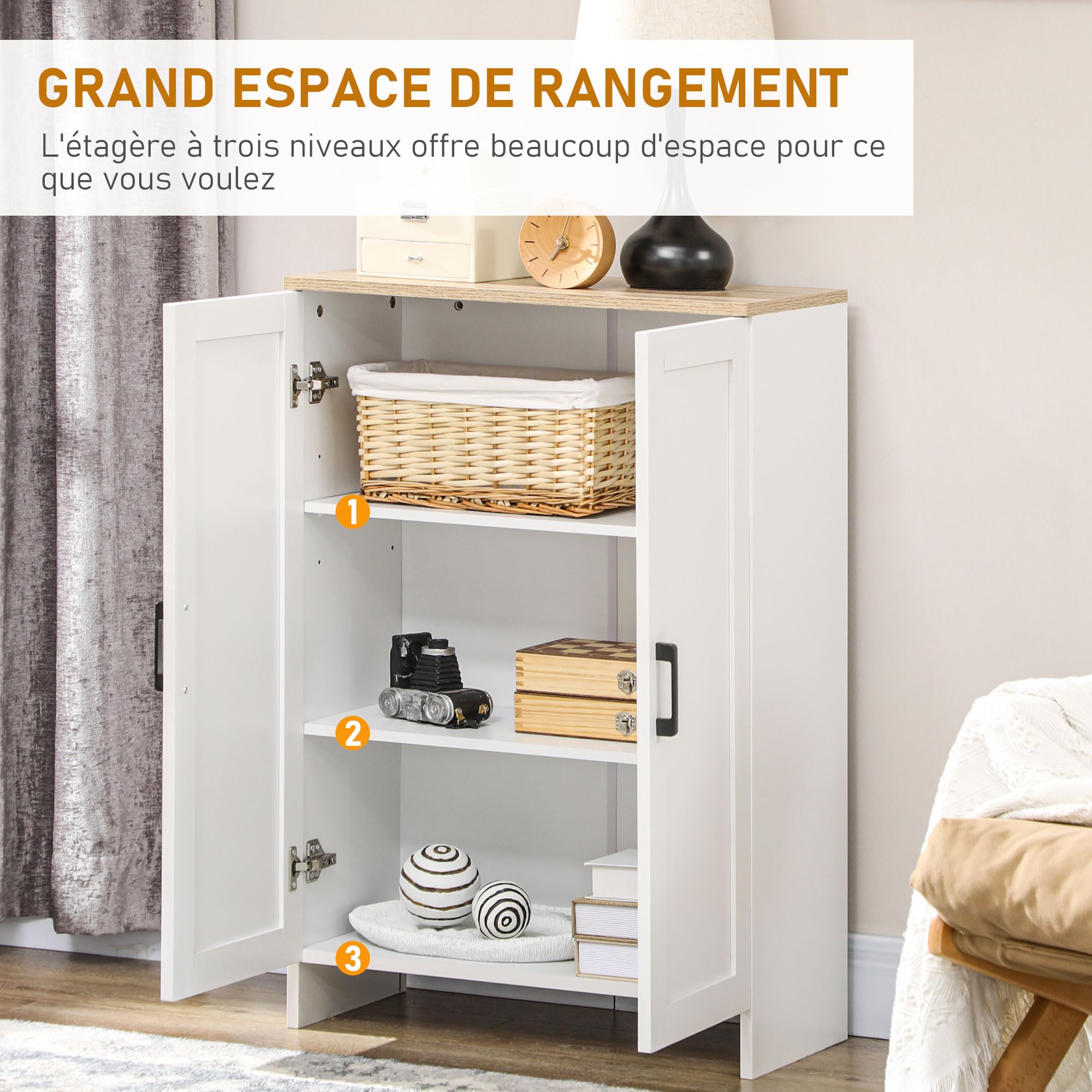 HOMCOM Buffet Meuble Cuisine Rangement Double Porte 60 x 30 x 90 cm Blanc | Meuble de Rangement, Placard, Étagères Réglables, Buffet Salle à Manger et Salon