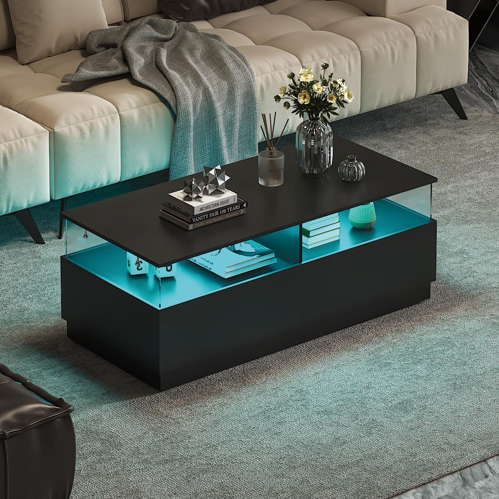 KEEPREAPER Rectangular Coffee Tables with Storages, Modern Black Coffee Table for Living Room, Rectangular Coffee Tables and 2 Spacious Drawers, Coffee Table with LED Light