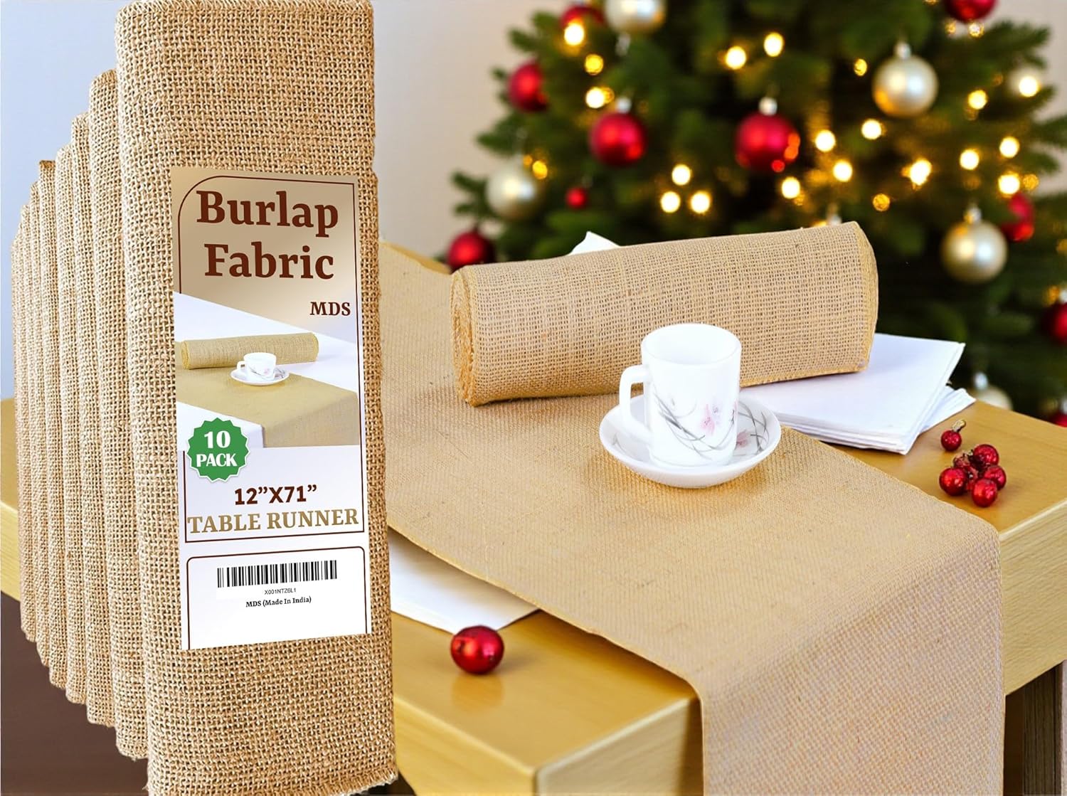 MDS 10 Pack Wedding Natural Burlap Table Runners 12 x 72 Inch Rustic Farmhouse Jute Country Vintage Runner for Wedding and Home Decor, Table Decorations , Party, BBQ's & Outdoor Tables- Natural