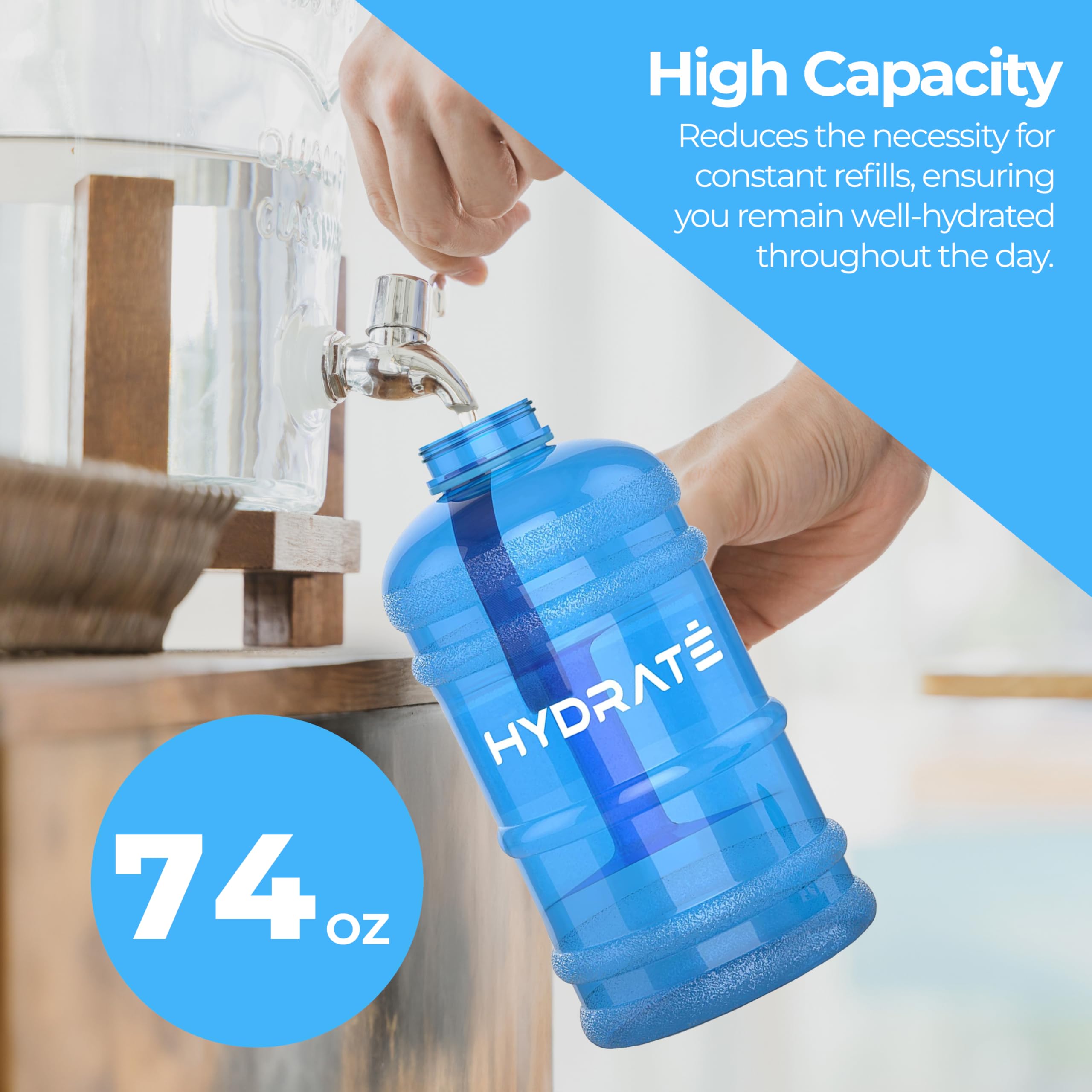 HYDRATE XL Butelka na wodę o pojemności 2,2 l, bez BPA, z zatyczką, szczelna, duża, na siłownię, dla dorosłych, przezroczysta, sportowa, bardzo mocny materiał, niebieska