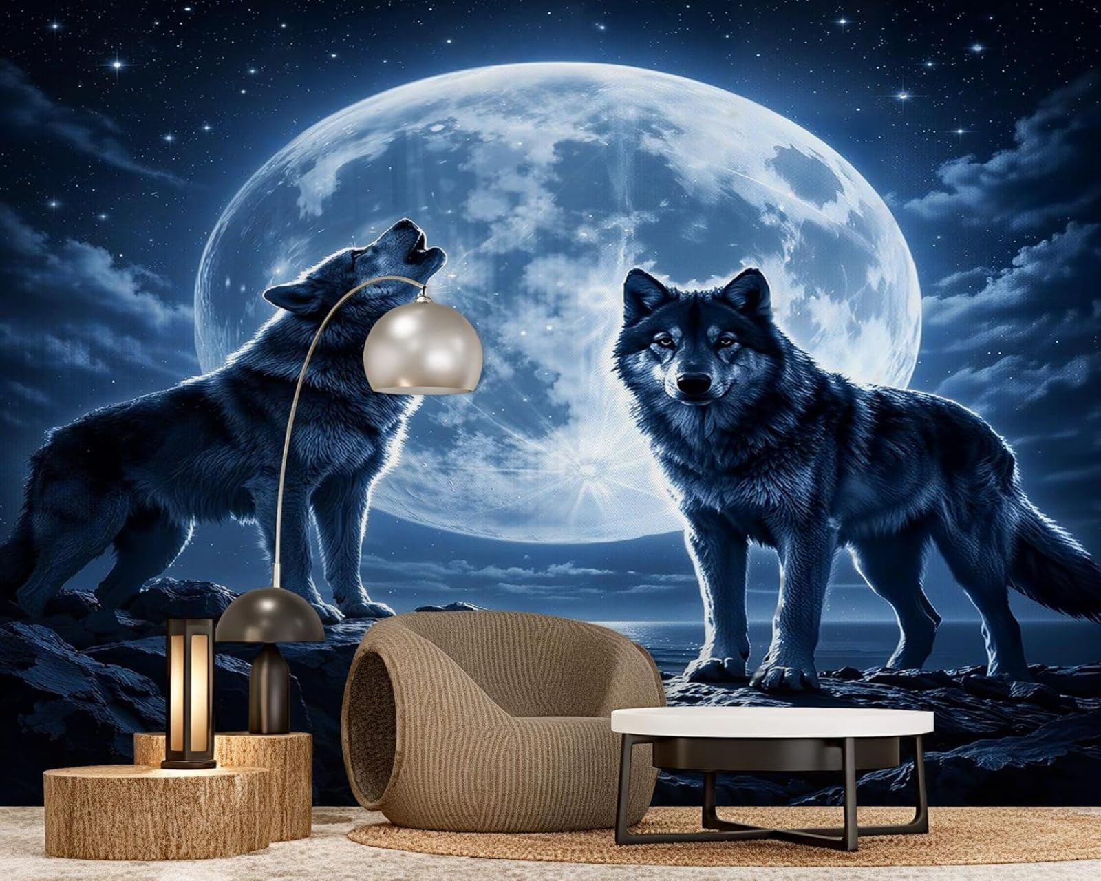 Hgjdjhnf 3D Mural Photo Wallpaper Wolf Mystical 3D Blue Starry Sky Moon Modern Living Room Bedroom Children's Room Wall Decoration Motif Wallpapers,250Cmx175cm Wall Sticker - Background Wall - Painting - Poster