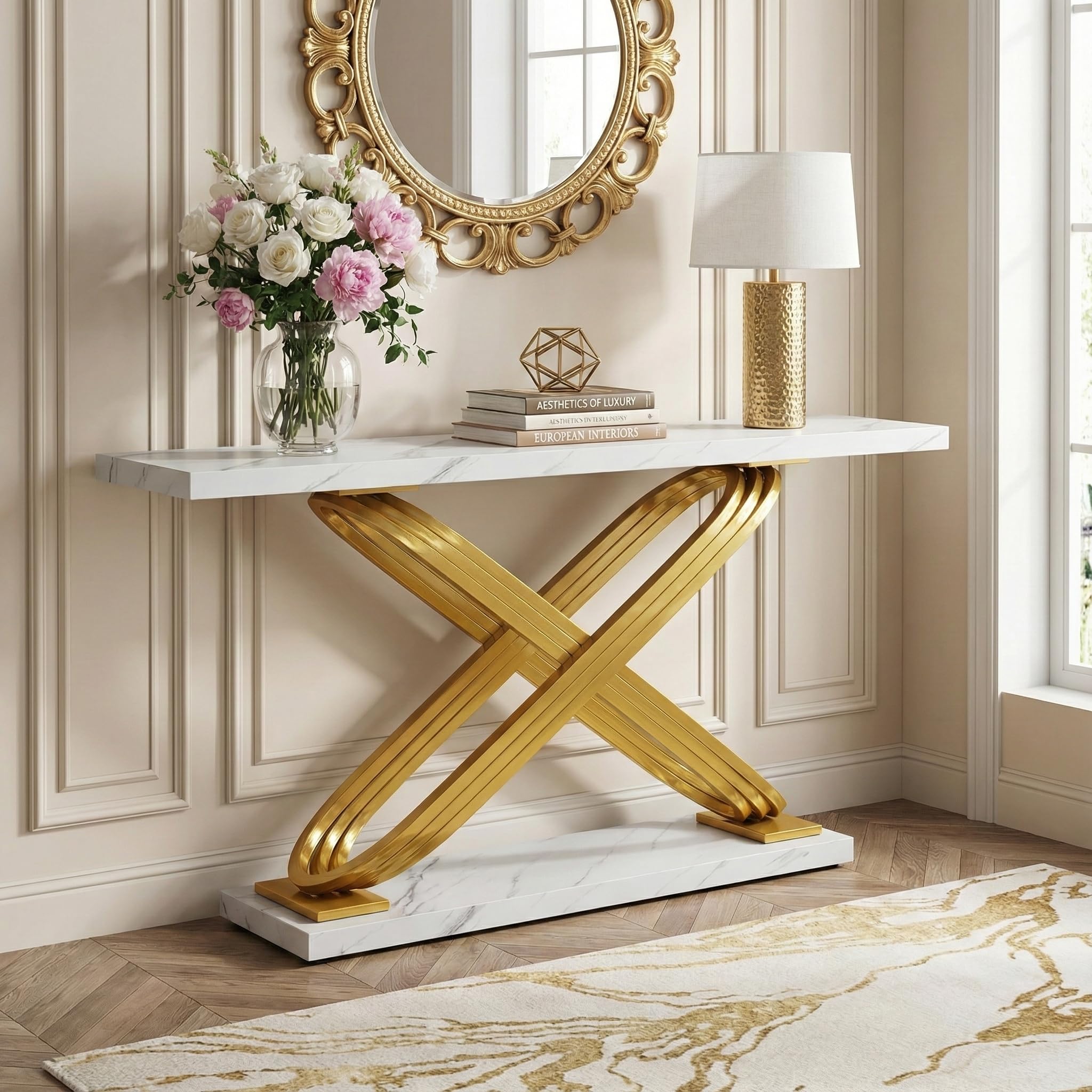 Lailang 80cm Consolle Ingresso, Tavolo Stretto E Lungo, Mobile Ingresso Corridoio, Consolle Ingresso Legno, Mobile Soggiorno Moderno, 80 x 35 x 140 cm, Oro E Bianco