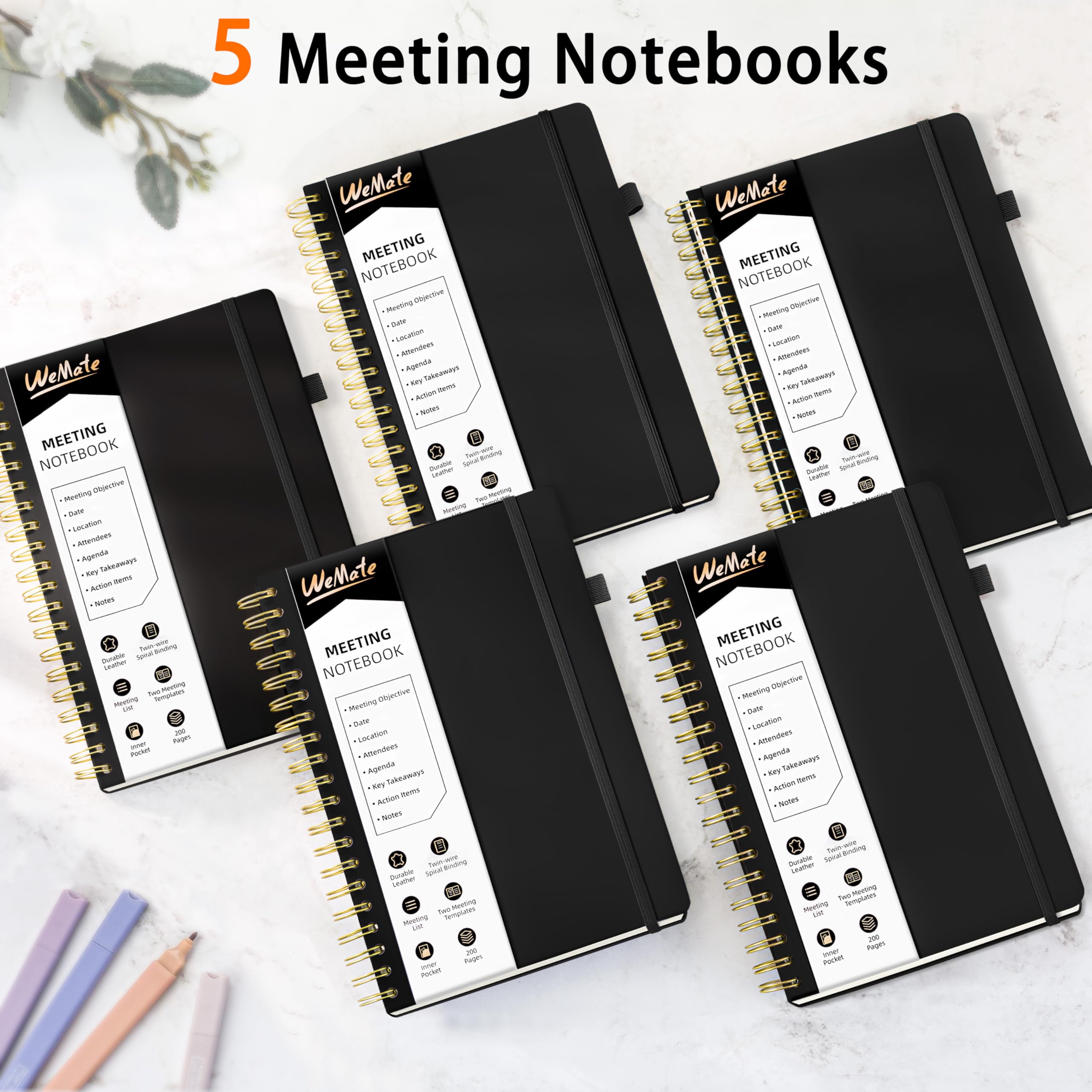 WEMATE Confezione da 5 quaderni per riunioni di lavoro (17,8 x 25,4 cm), 200 pagine, in pelle PU, con elementi d'azione e note, per personale e studenti, riunioni, pianificazione di progetti, set