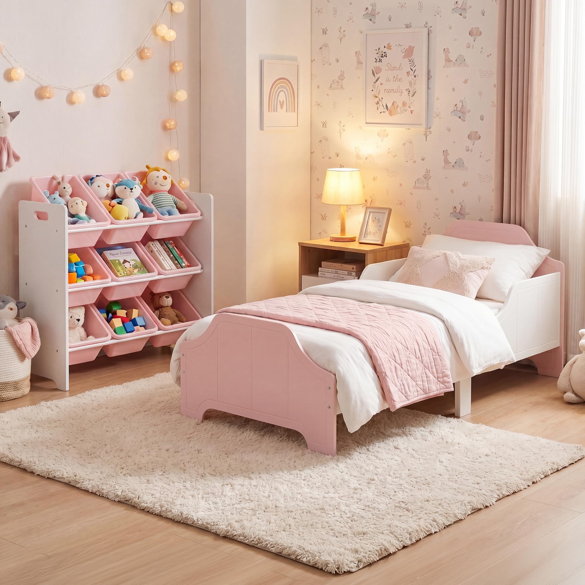 Two Tone Toddler Bed and 9 Bin Storage Unit Set, White & Pink, Children's Bedroom Furniture Set, Wooden