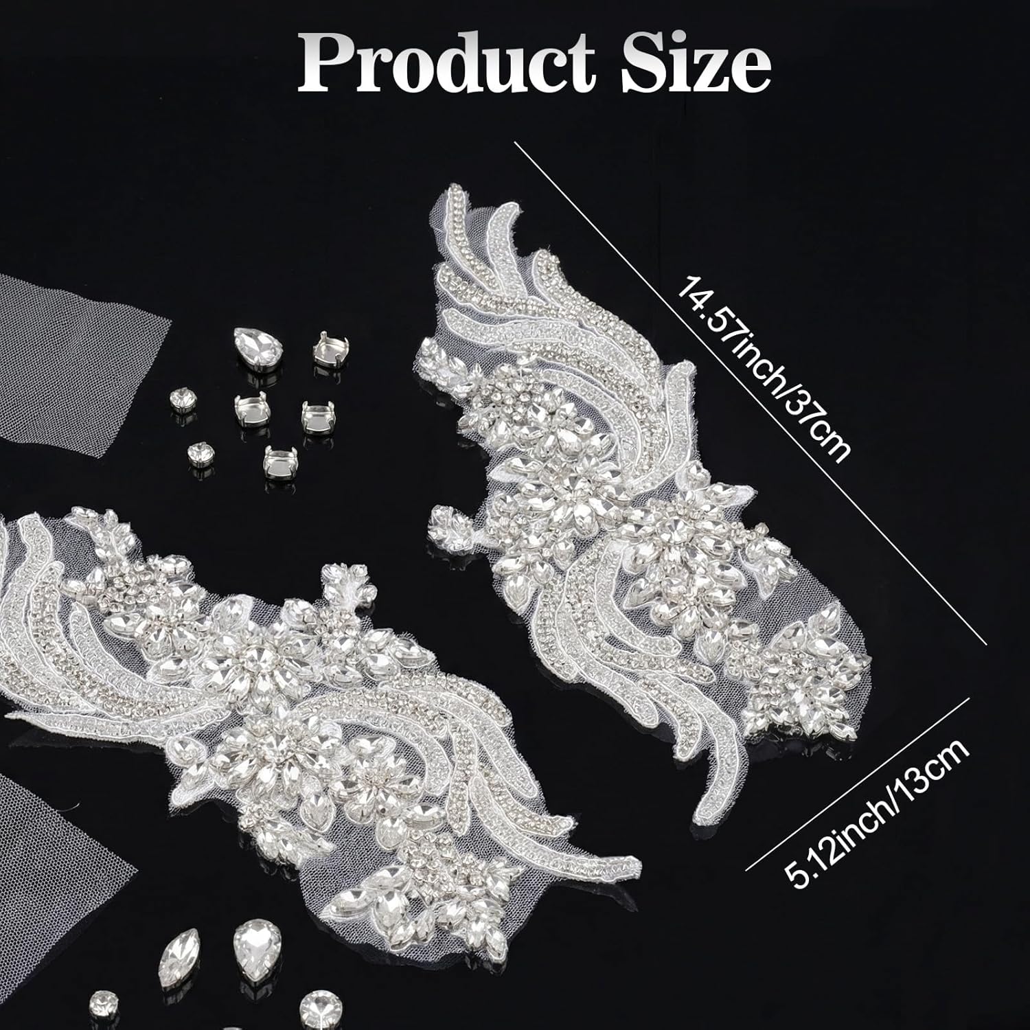 1 Pair Silver Rhinestons Appliques, Hand-Made Beaded Rhinestons DIY Clothing Appliques Patch, Rhinestones Embroidery Lace Patches for Wedding Dress Decoration Clothes Accessory, Banquet Evening Gown