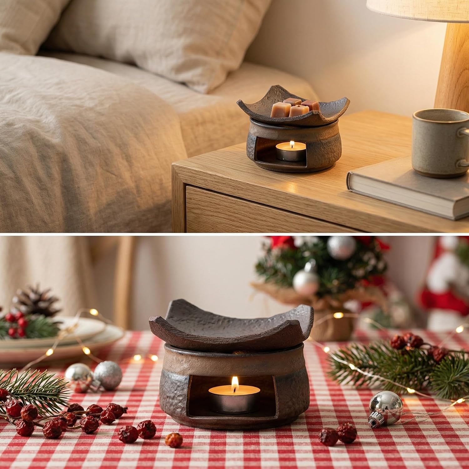 1set Vintage Ceramic Tea Warmer (Dry Burner) with Hollowed-Out Body & Fan-Shaped Tray, Retro Coarse Pottery for Tea Ceremony, Aromatherapy, Home Decoration