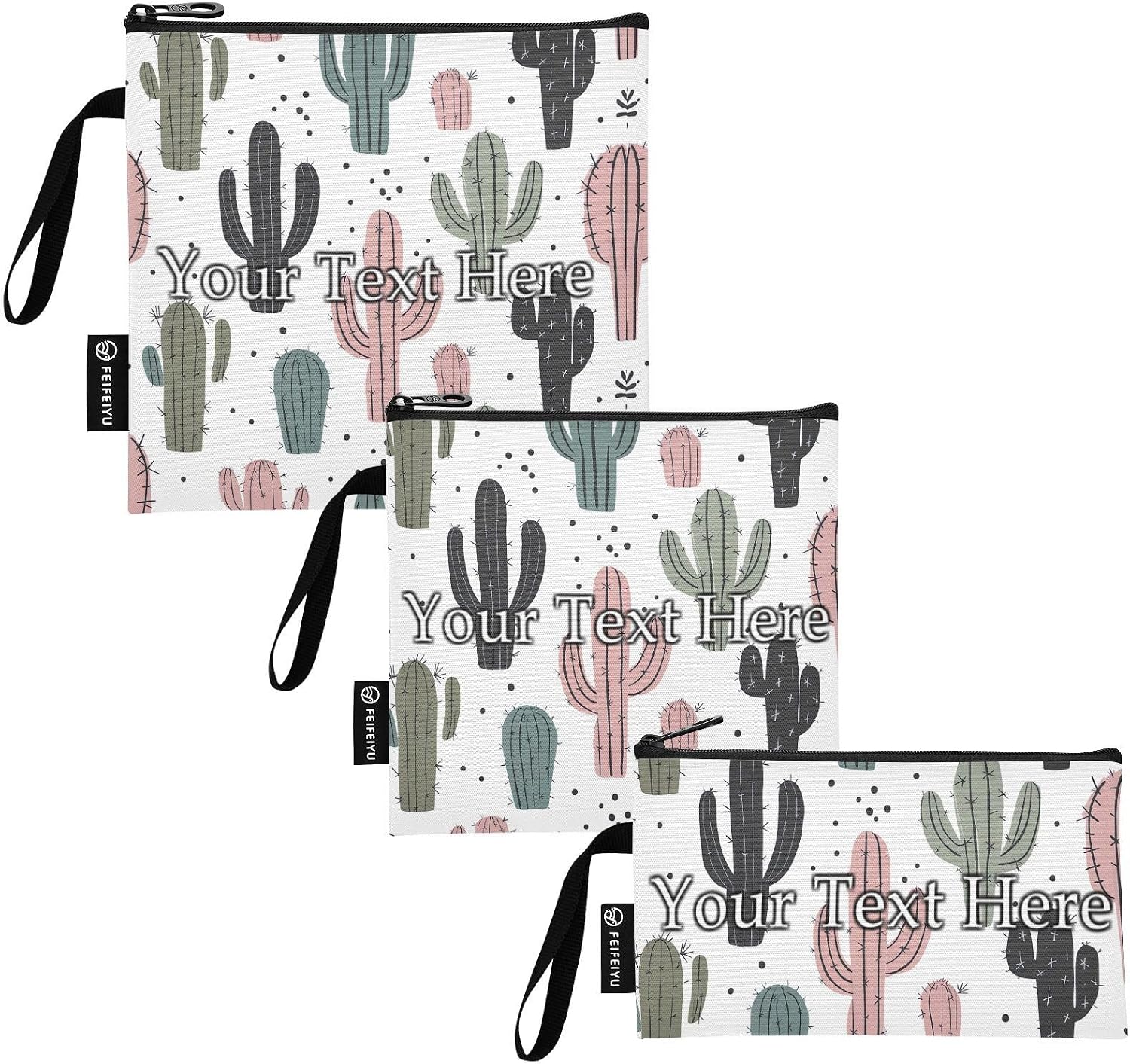 Custom Cactus Cute White Reusable Snack Bags with EVA Lining, Set of 3