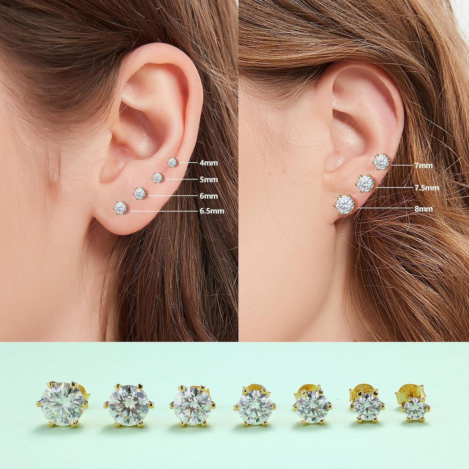 BREN Moissanite Earrings - 0.6ct-4ct D Color Lab Created Imitation Diamond Earrings Studs Handmade 925 Sterling Silver Earrings Solitaire Moissanite Stud Earrings for Women Christmas Gifts